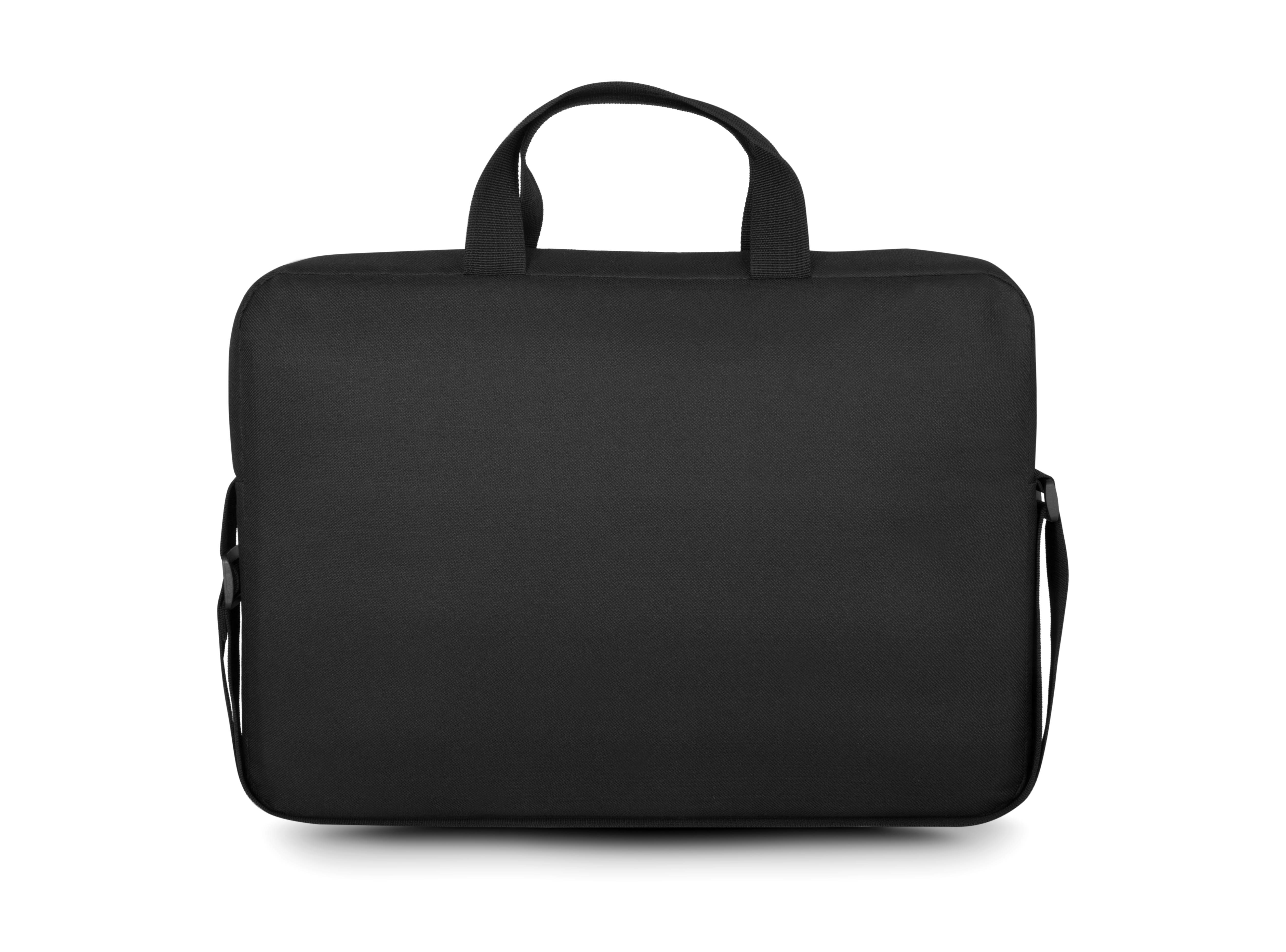 Schwarze Laptoptasche mit zwei Henkeln und einem Schultergurt, auf weißem Hintergrund.