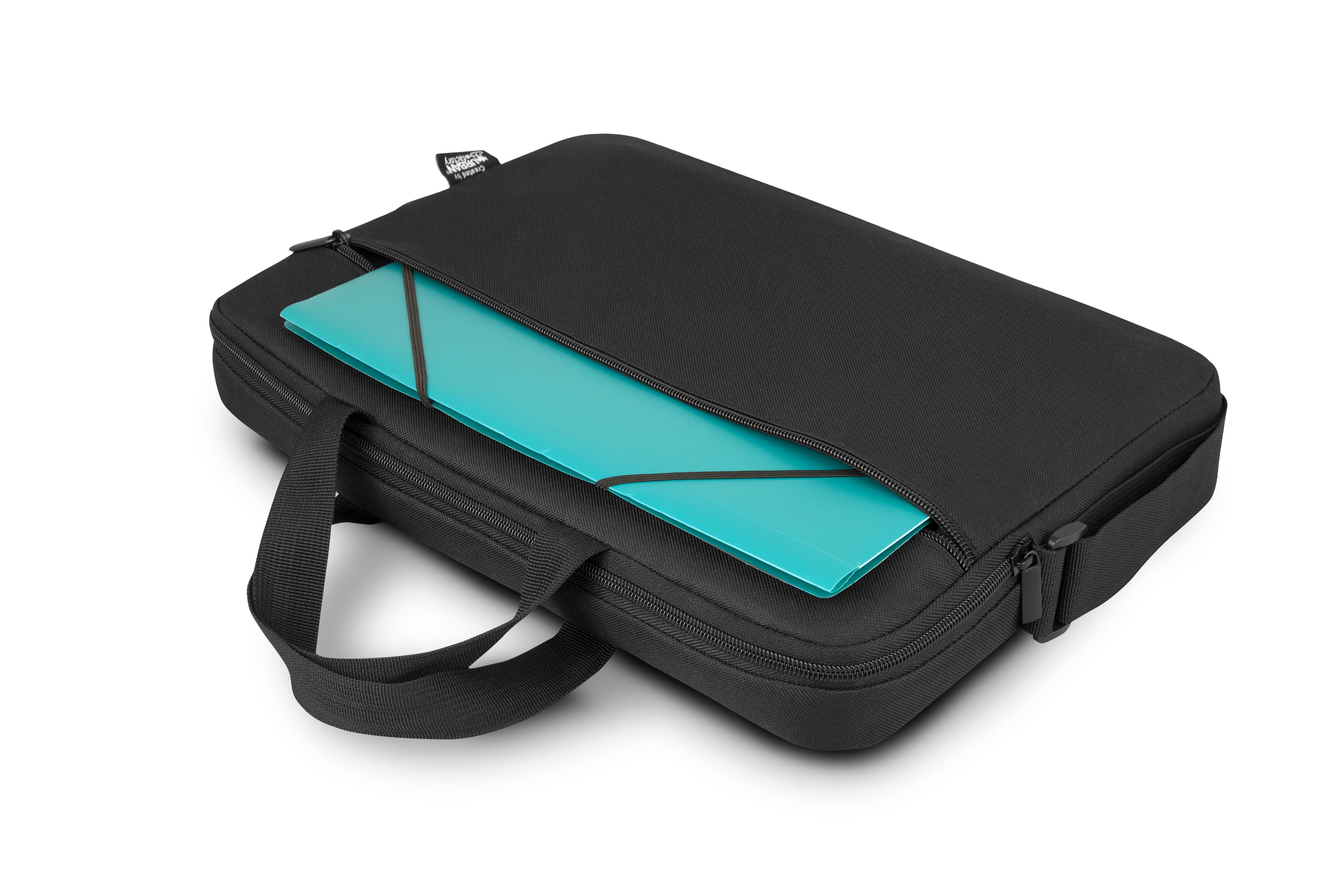 Schwarze Laptoptasche mit einer türkisfarbenen Mappe, die teilweise herausragt.