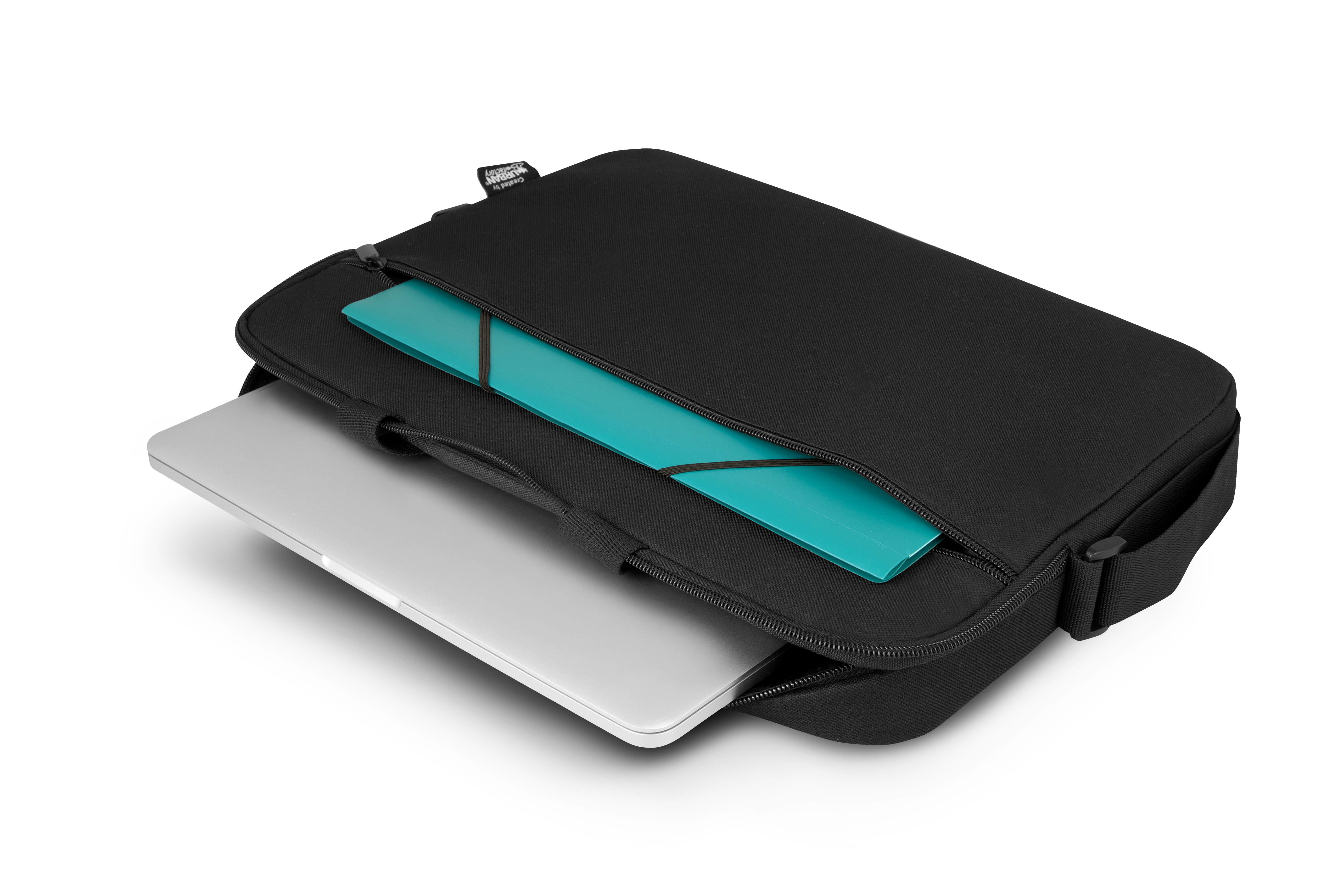 Schwarze Laptoptasche mit türkiser Mappe und Laptop.