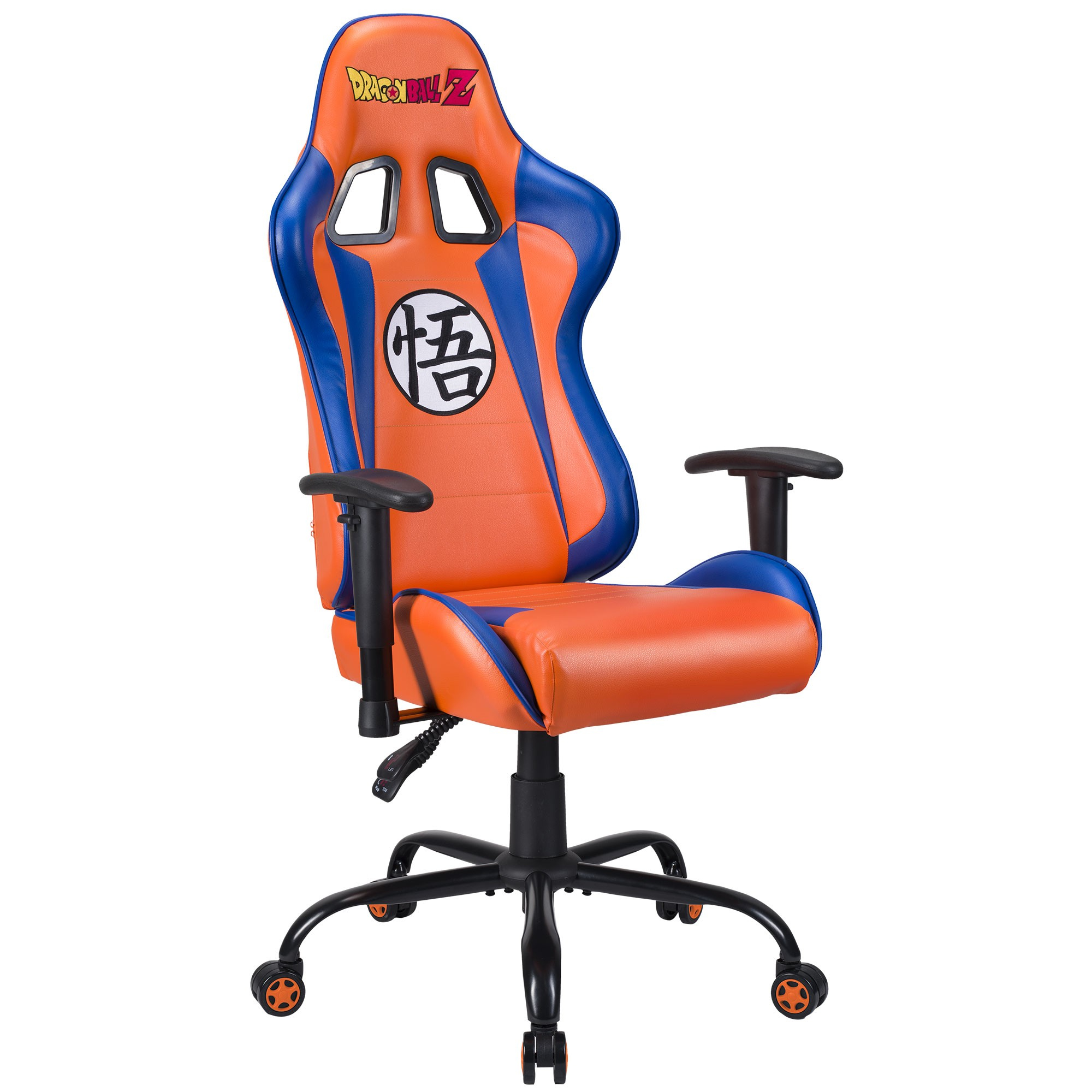 Ein orange-blauer Gaming-Stuhl mit Dragon Ball Z-Logo und Schriftzug.