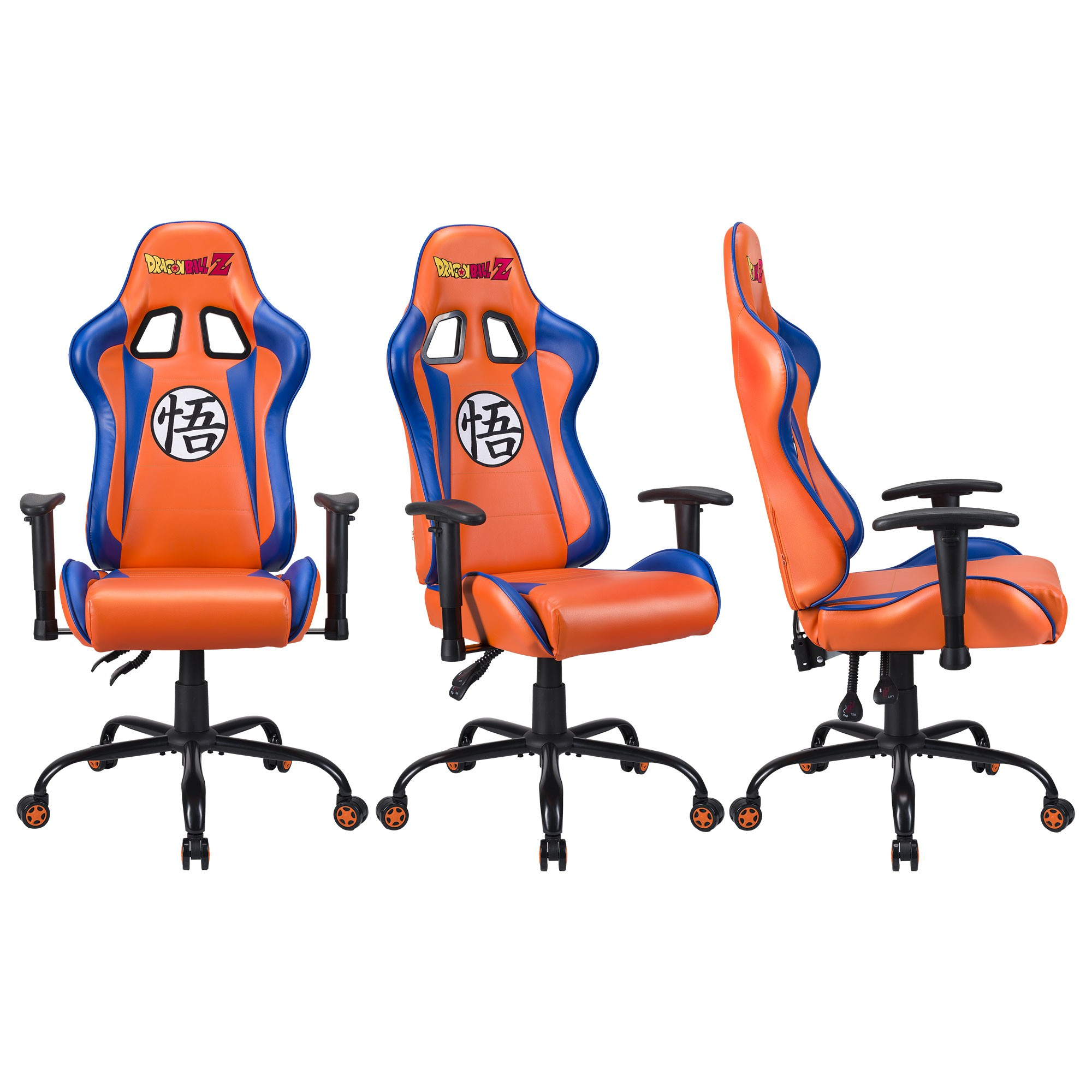Orange und blaue Gaming-Stühle mit Dragon Ball Z-Logo und Schriftzug.