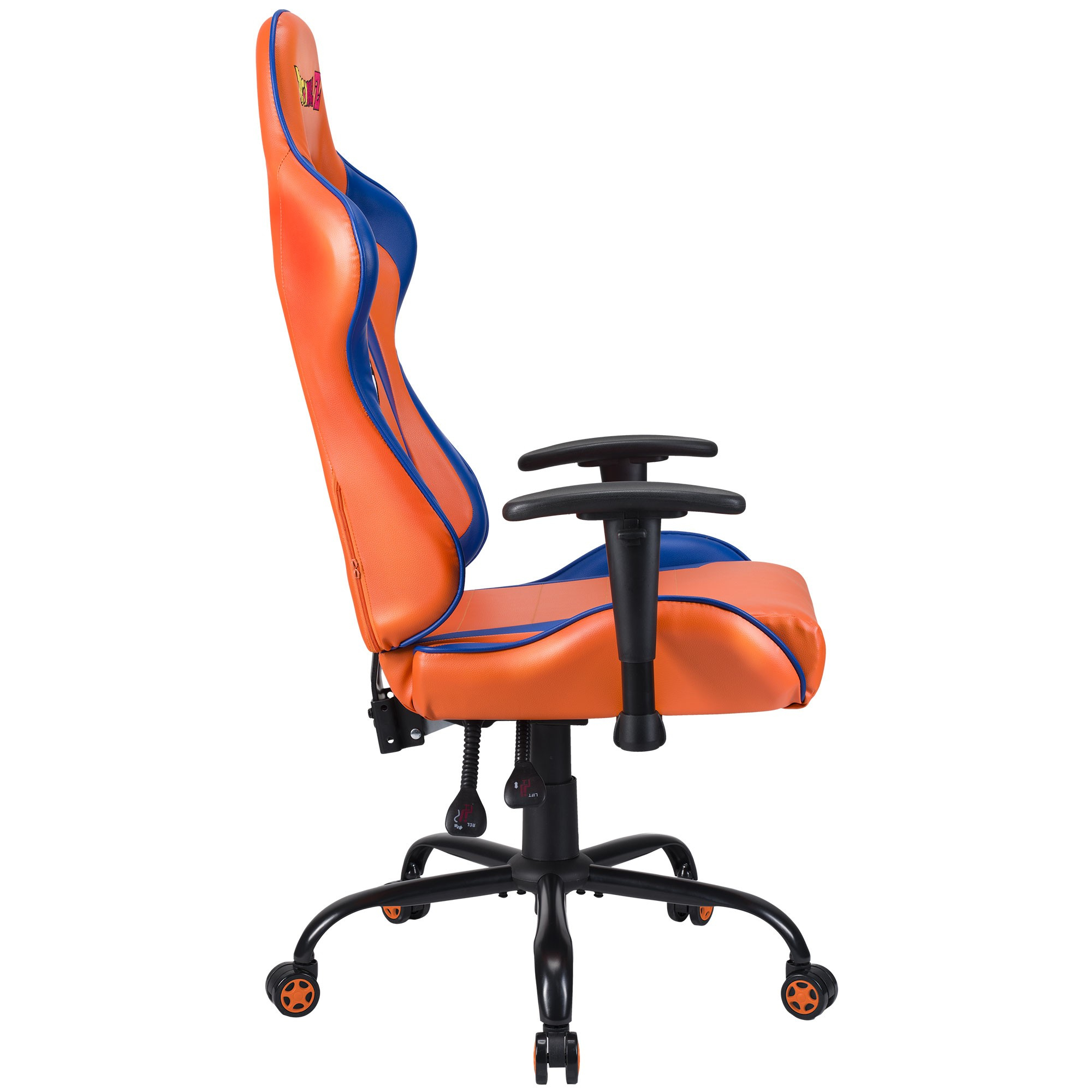 Ein orange-blauer Gaming-Stuhl mit schwarzen Armlehnen und Rädern.