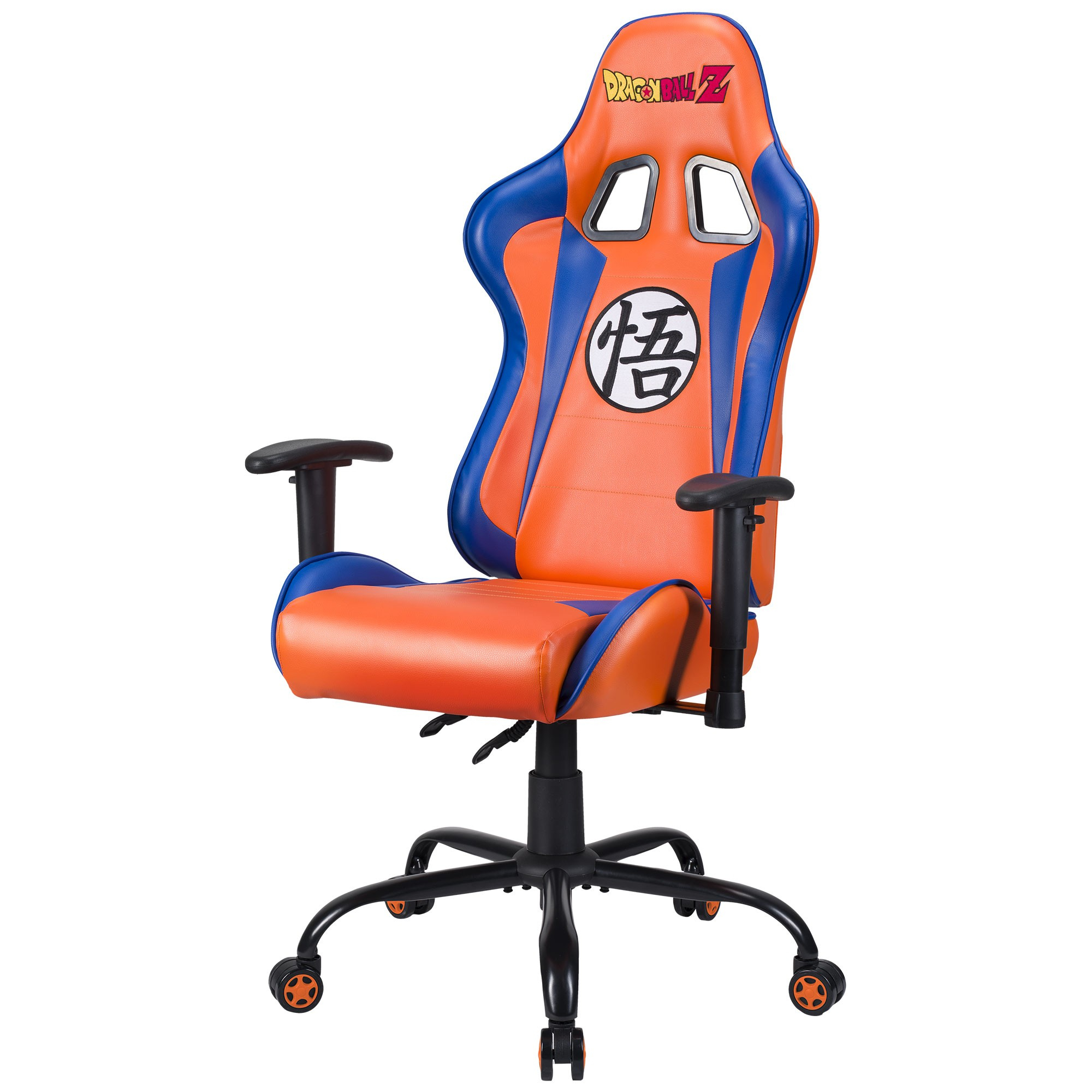 Orange und blauer Dragon Ball Z Gaming-Stuhl mit schwarzem Sockel und Rädern.