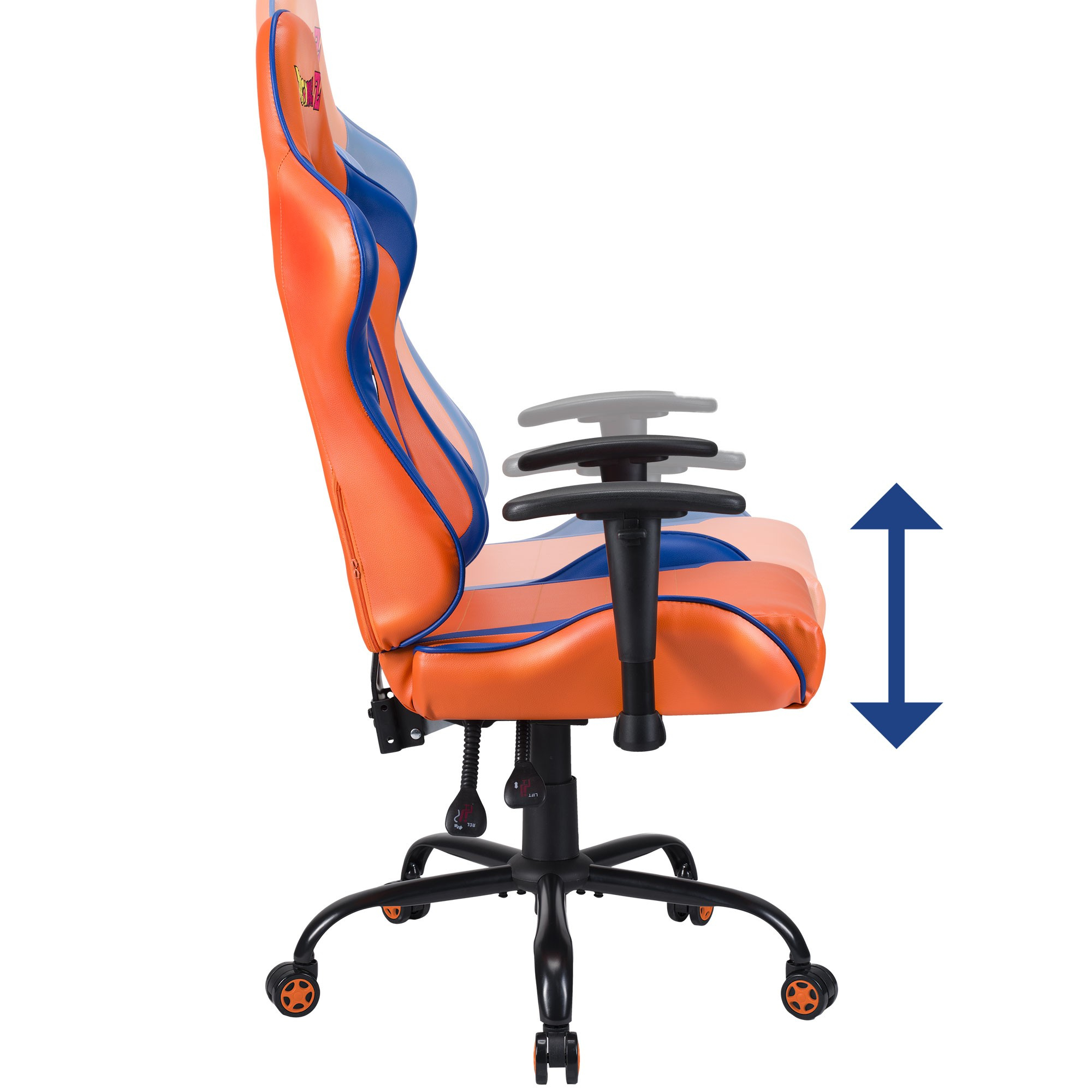 Ein orangefarner Gaming-Stuhl mit blauen Akzenten und verstellbaren Armlehnen.