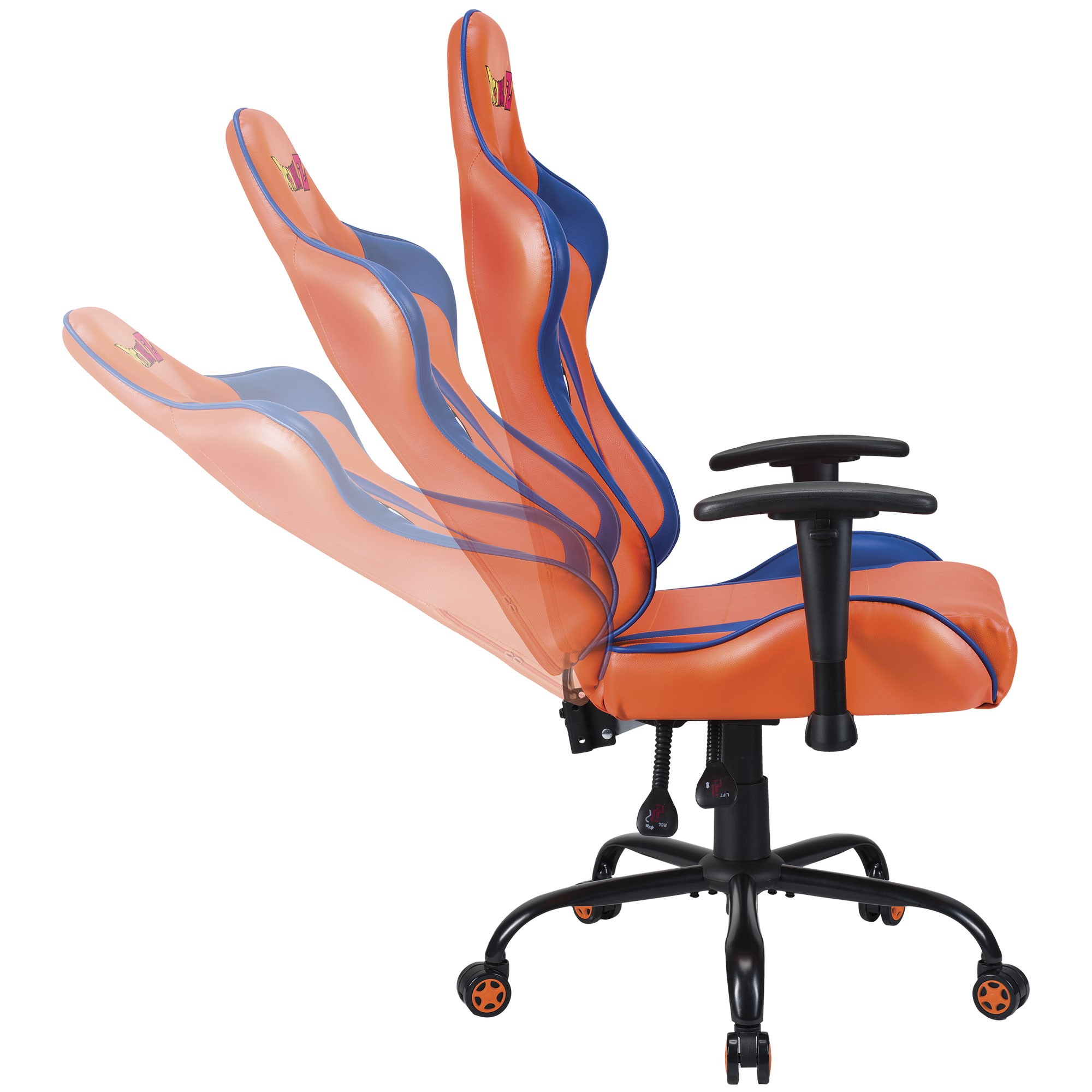 Ein orangefarner Gaming-Stuhl mit blauen Akzenten und verstellbarer Rückenlehne.