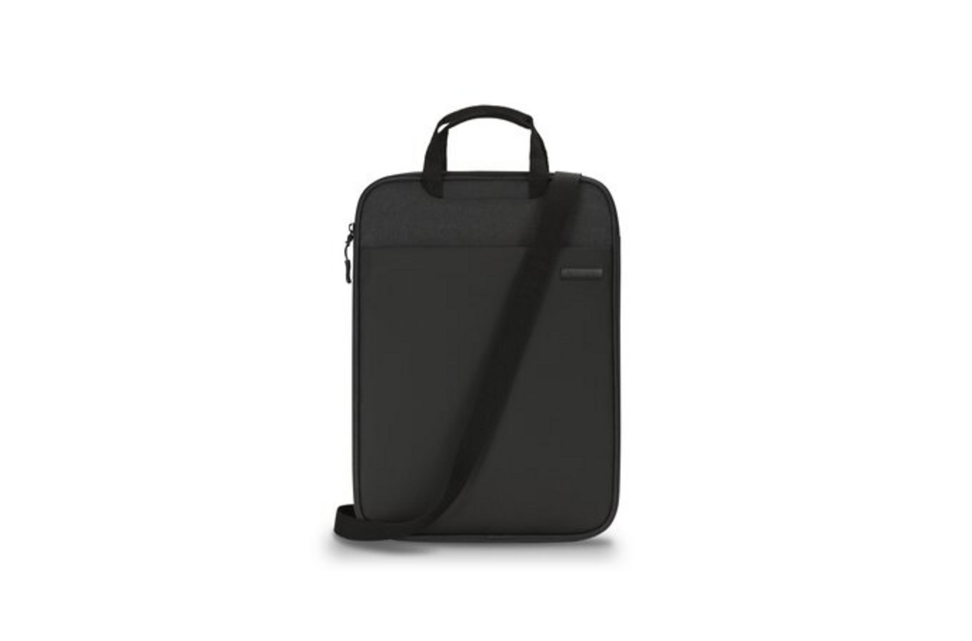 Funda negra para portátil con asas y correa de hombro sobre fondo blanco.