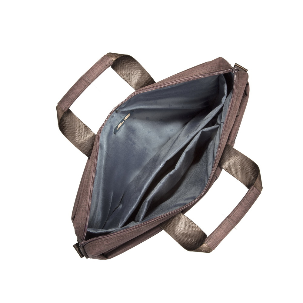 Sac marron avec deux poignées et compartiment principal ouvert avec plusieurs poches.