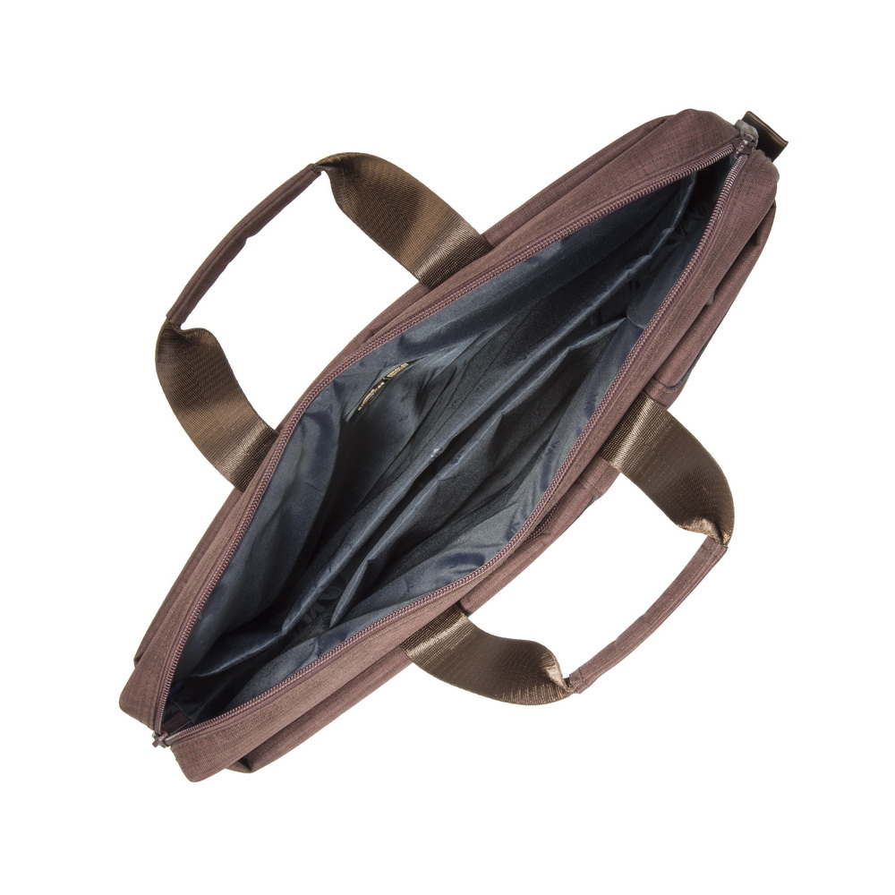 Un sac marron avec compartiments ouverts et deux anses sur fond blanc.