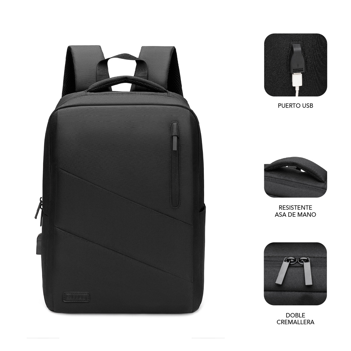 Zaino nero con porta USB, manico robusto e doppia cerniera.