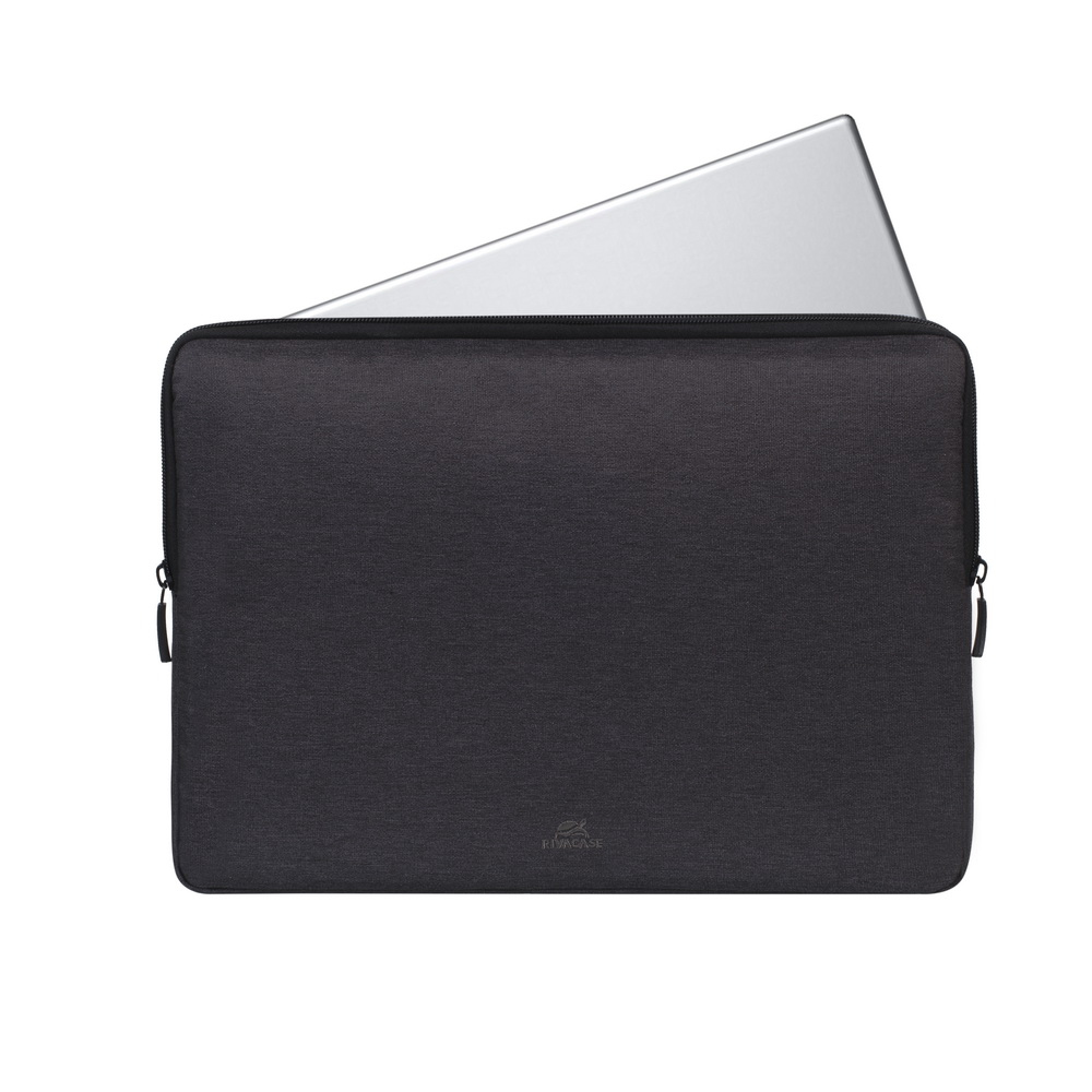 Ciemnoszare etui na laptopa z częściowo widocznym srebrnym laptopem.