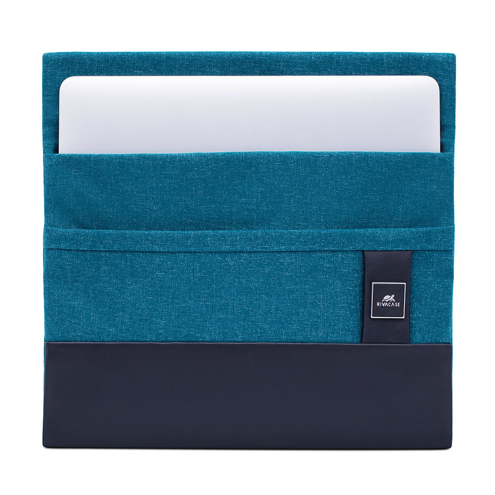 Tealfarbene Laptoptasche mit dunkelblauem Boden und einem weißen Laptop.