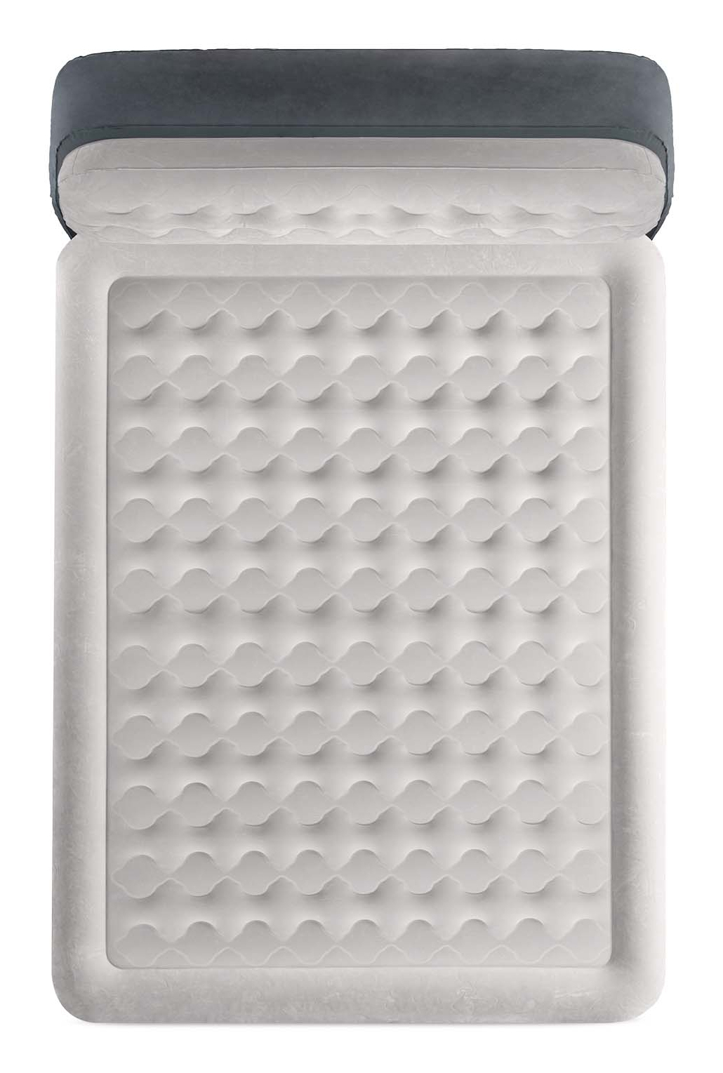 Colchón inflable con patrón de ondas y cabecero oscuro.