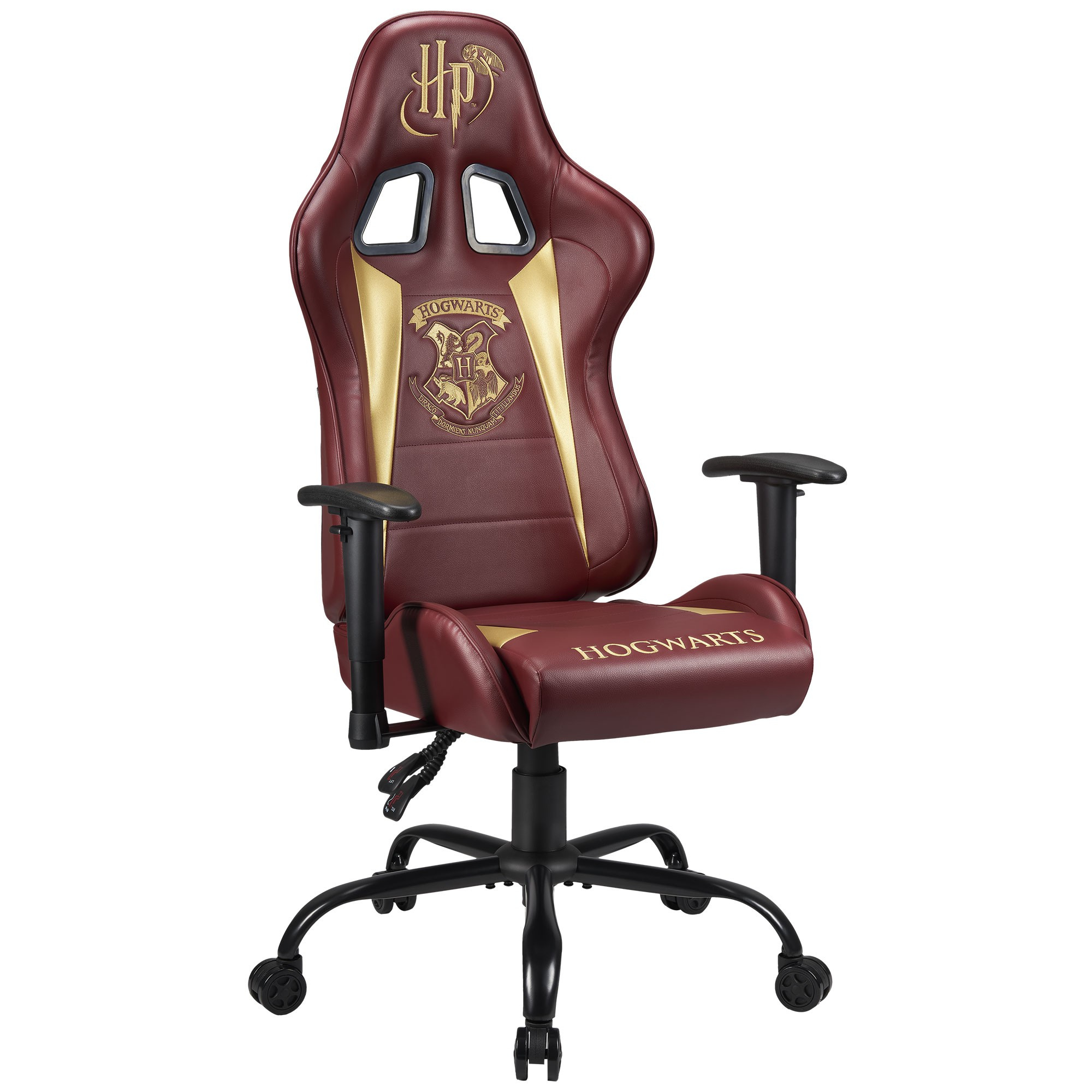 Ein bordeauxroter und goldener Harry Potter Hogwarts Gaming-Stuhl mit HP-Logo.