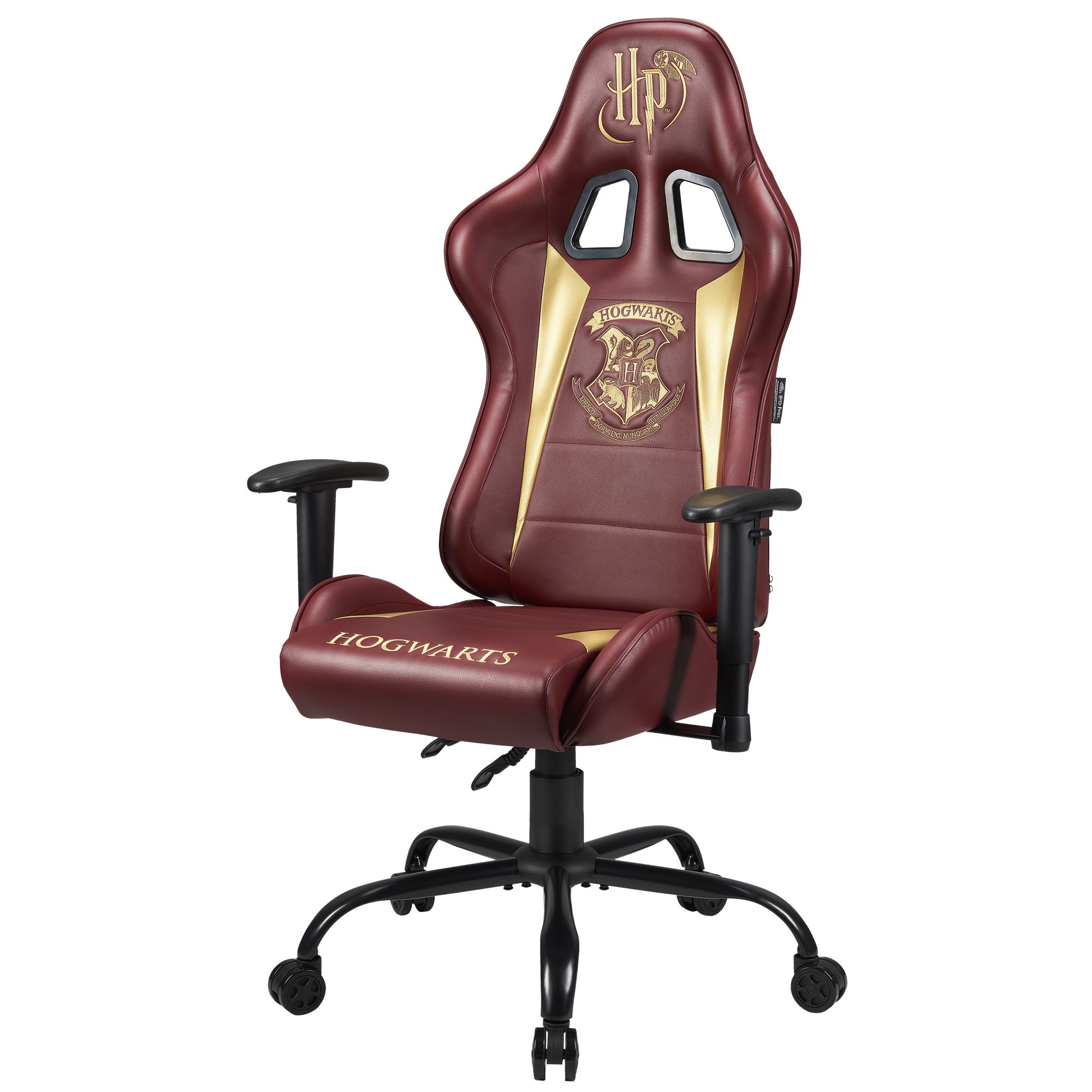 Ein burgunderroter Gaming-Stuhl mit Hogwarts-Emblem und goldenen Akzenten.