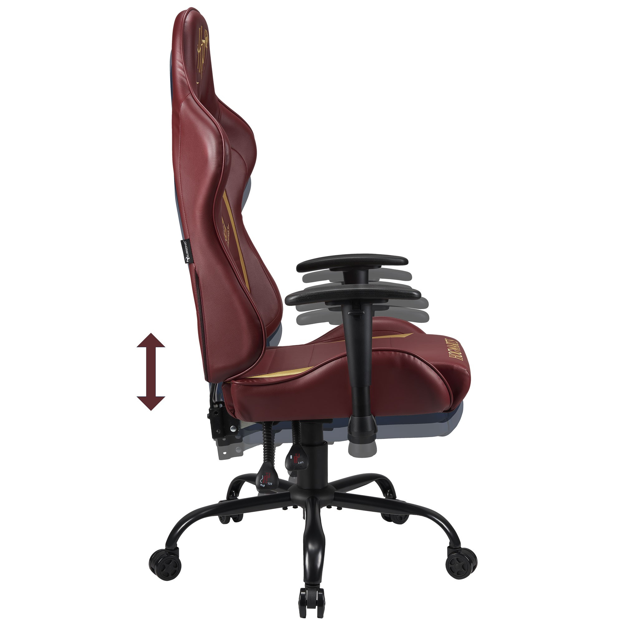 Ein burgunderroter Gaming-Stuhl mit goldenen Akzenten auf weißem Hintergrund.