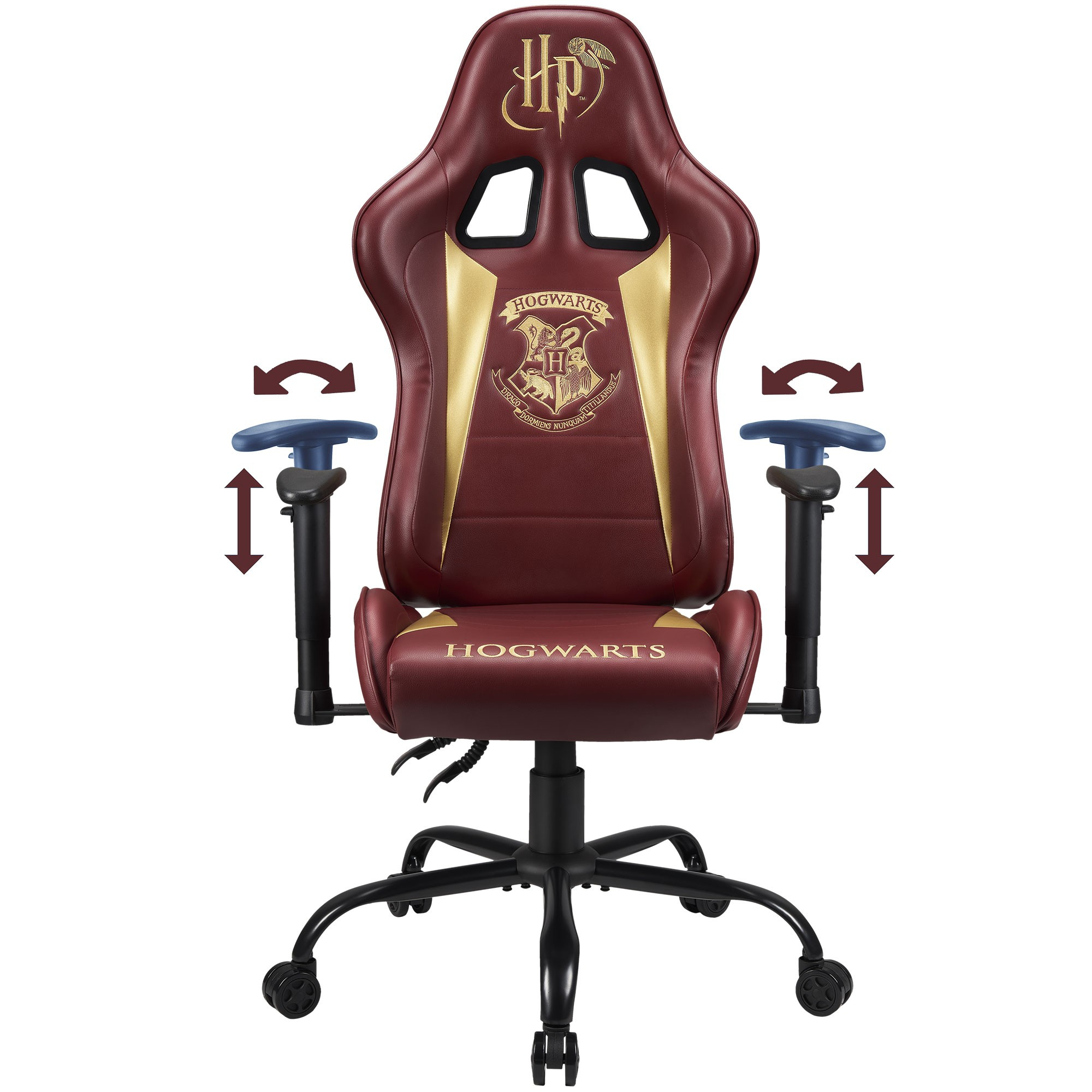 Ein burgunderroter Harry Potter Gaming-Stuhl mit goldenen Akzenten und Hogwarts-Logo.