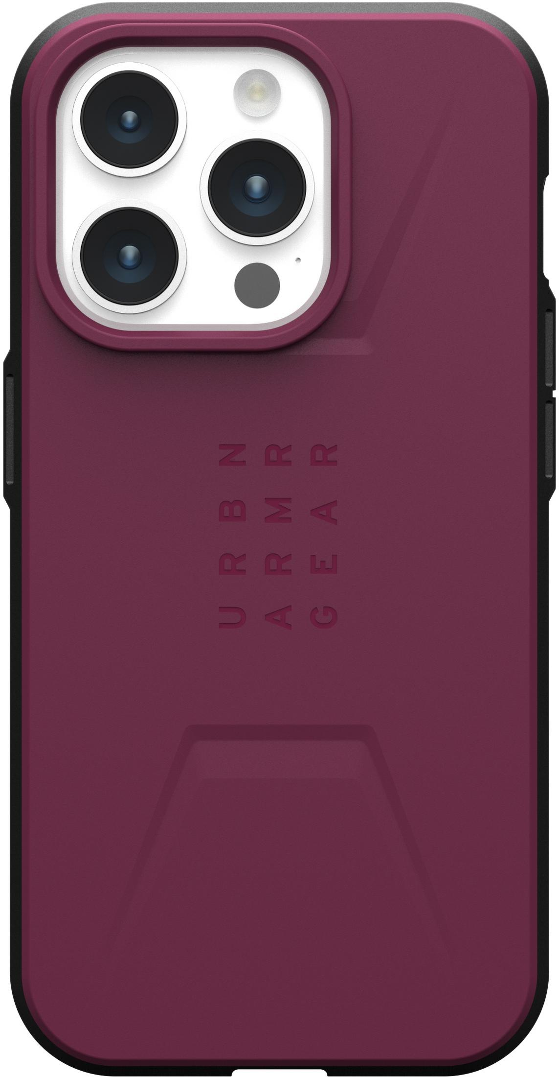 Dunkelrotes Handycover mit dreifacher Kamera und Logo.