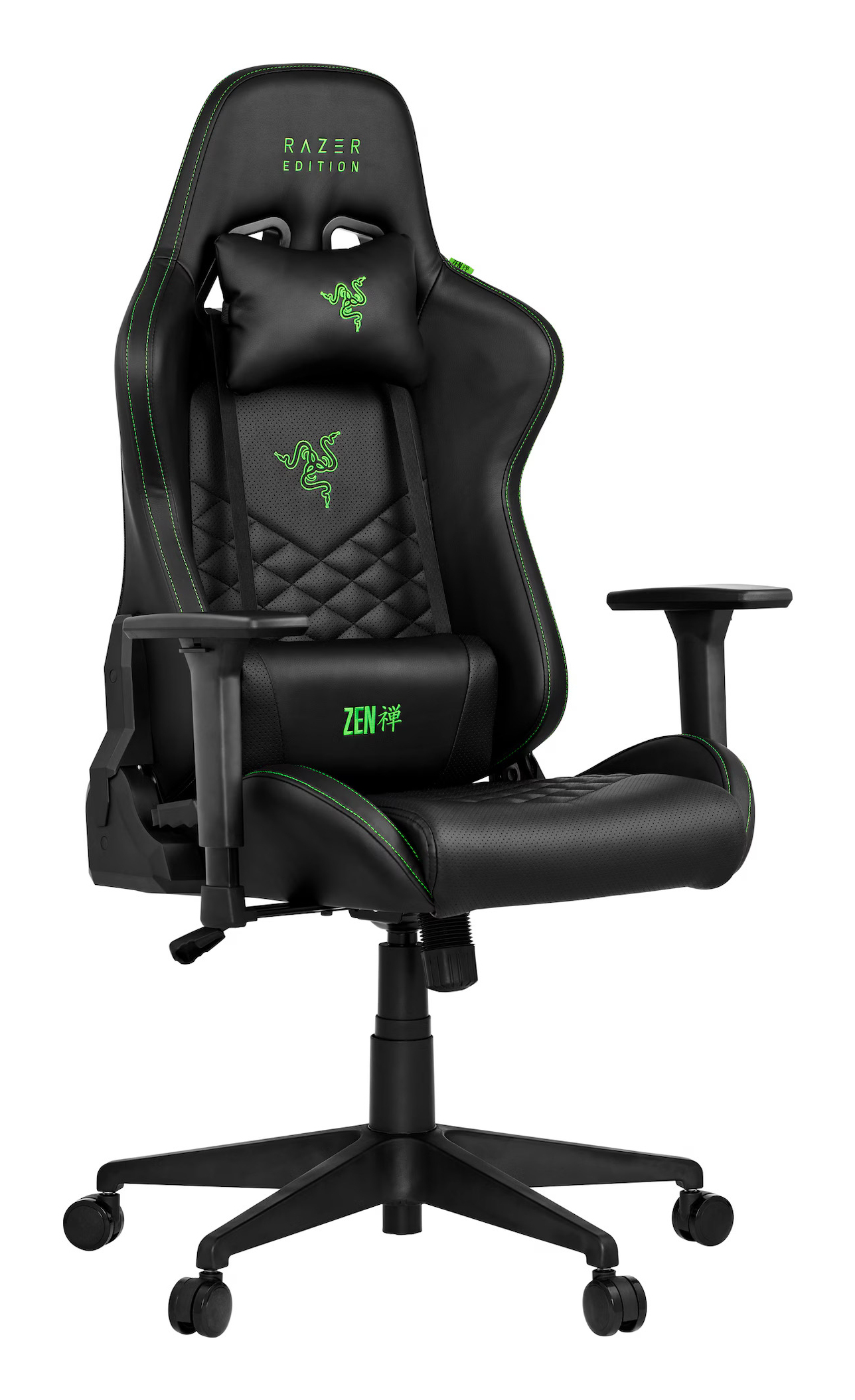 Sedia da gaming nera con accenti verdi, logo Razer e cuscino collo.