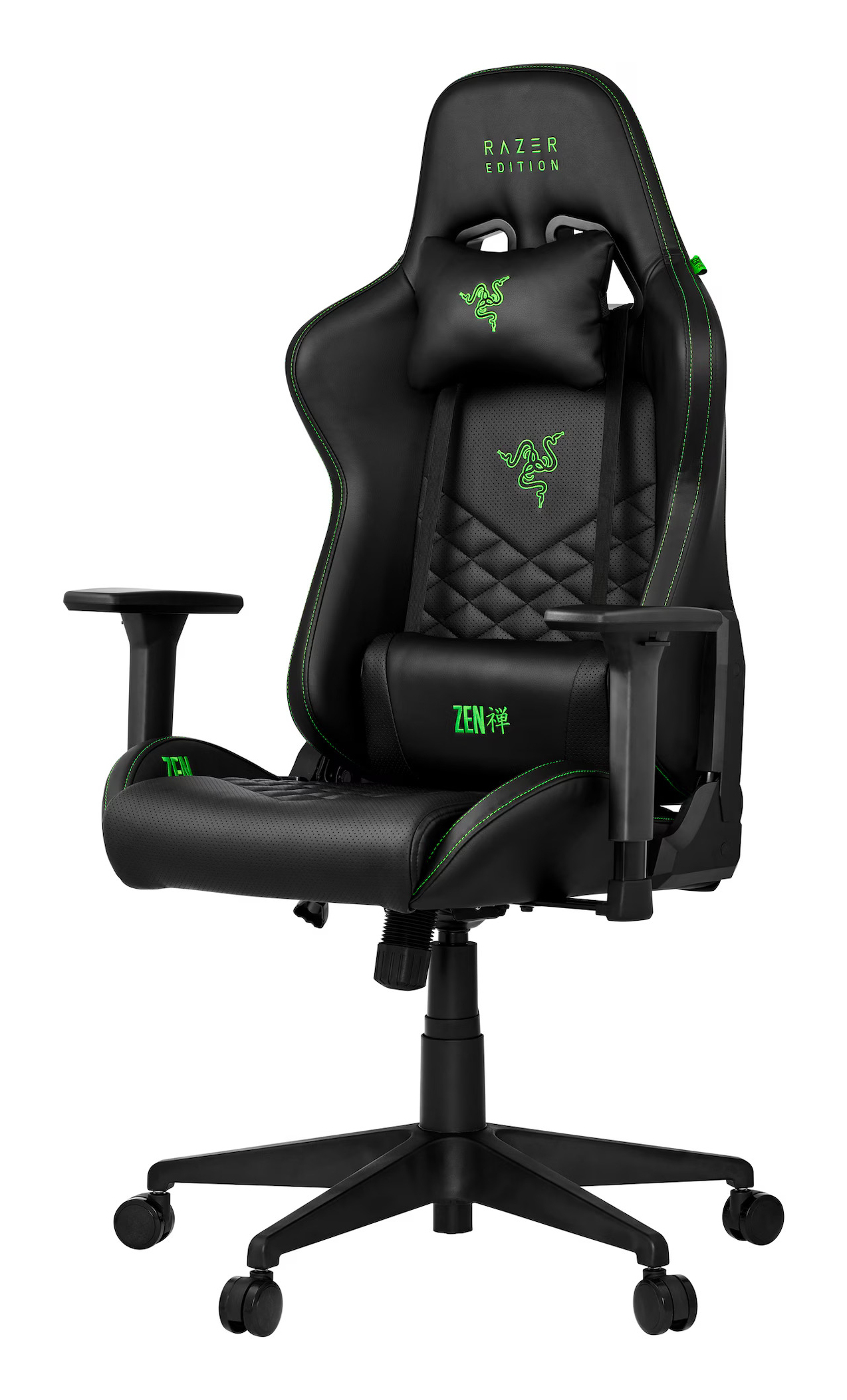 Sedia da gaming nera con cuciture, cuscini e logo verdi.