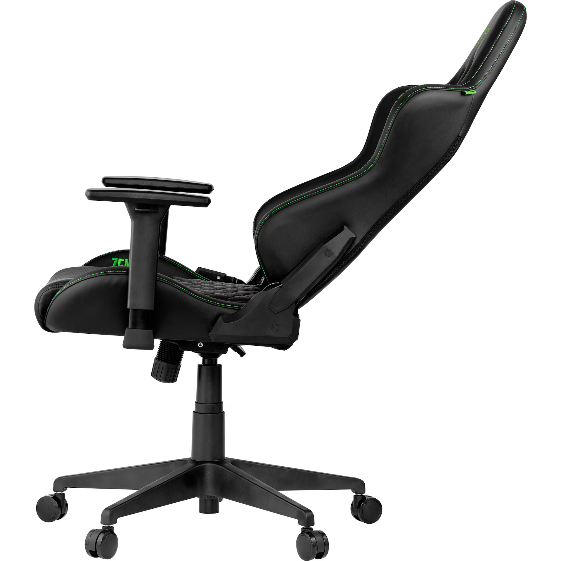 Sedia da gaming nera con cuciture verdi, braccioli regolabili e ruote.