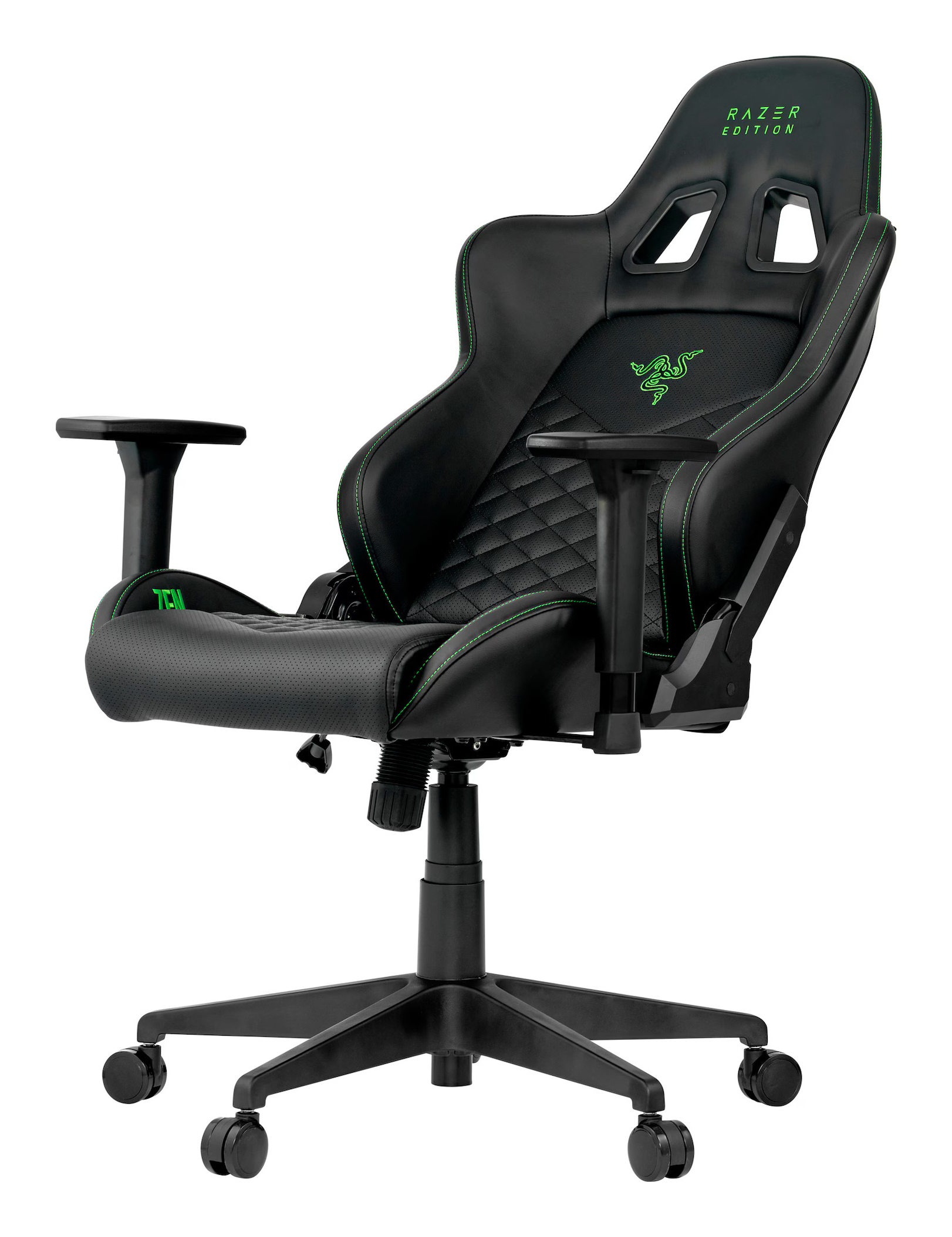 Sedia da gaming nera con cuciture verdi e logo Razer.