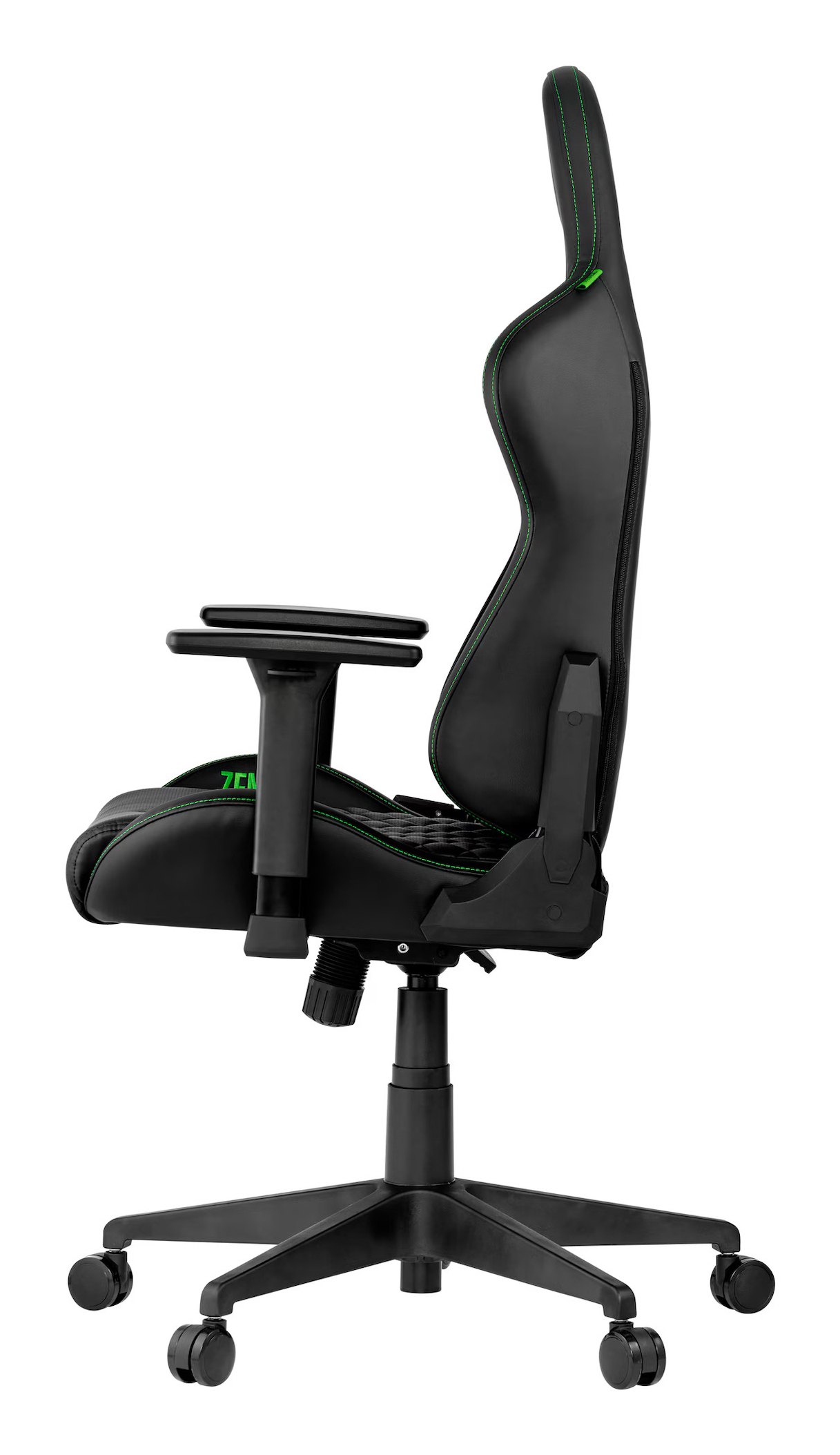 Sedia da gaming nera con cuciture verdi, braccioli e base a cinque ruote.