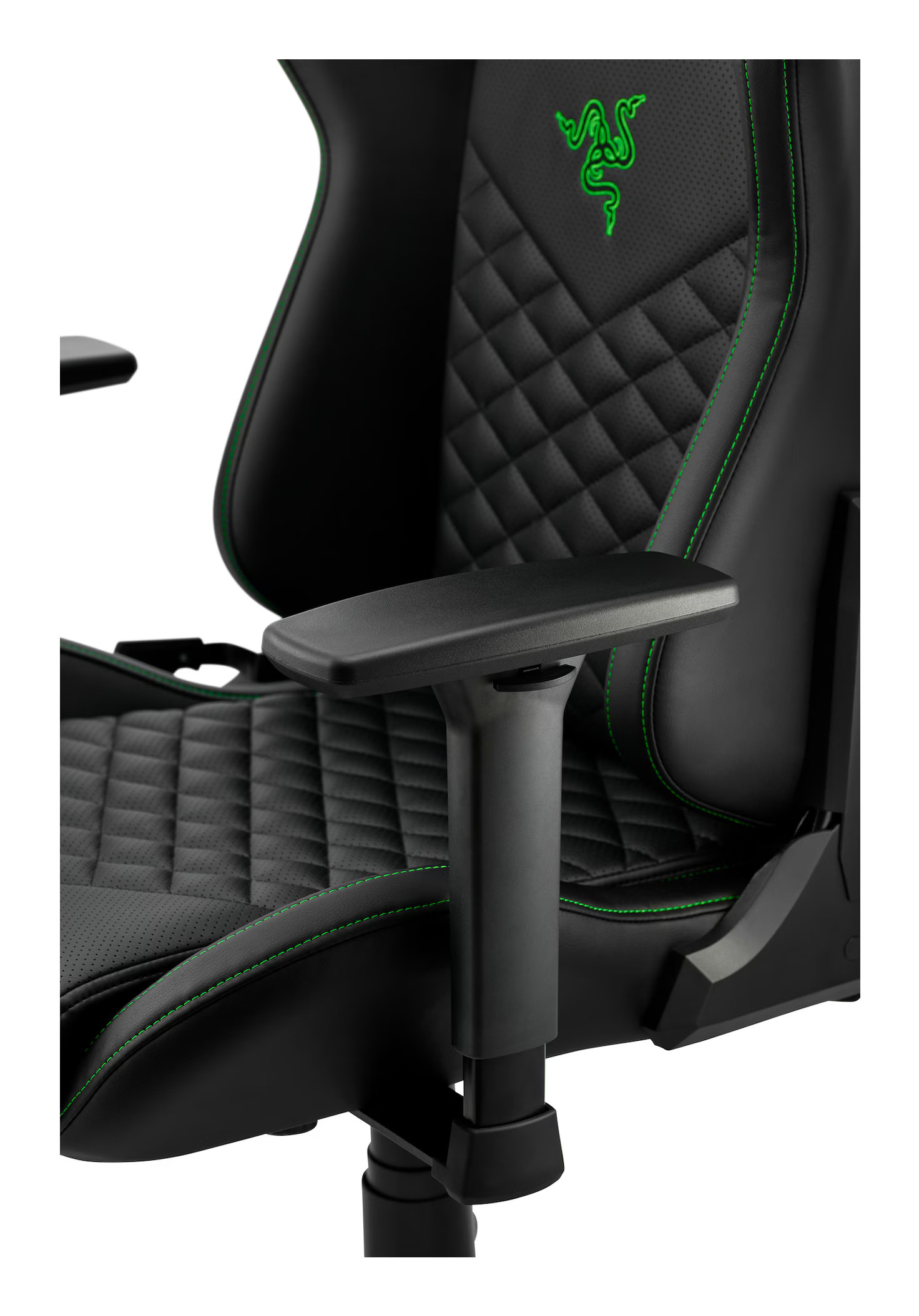 Sedia da gaming nera con cuciture verdi e logo Razer.
