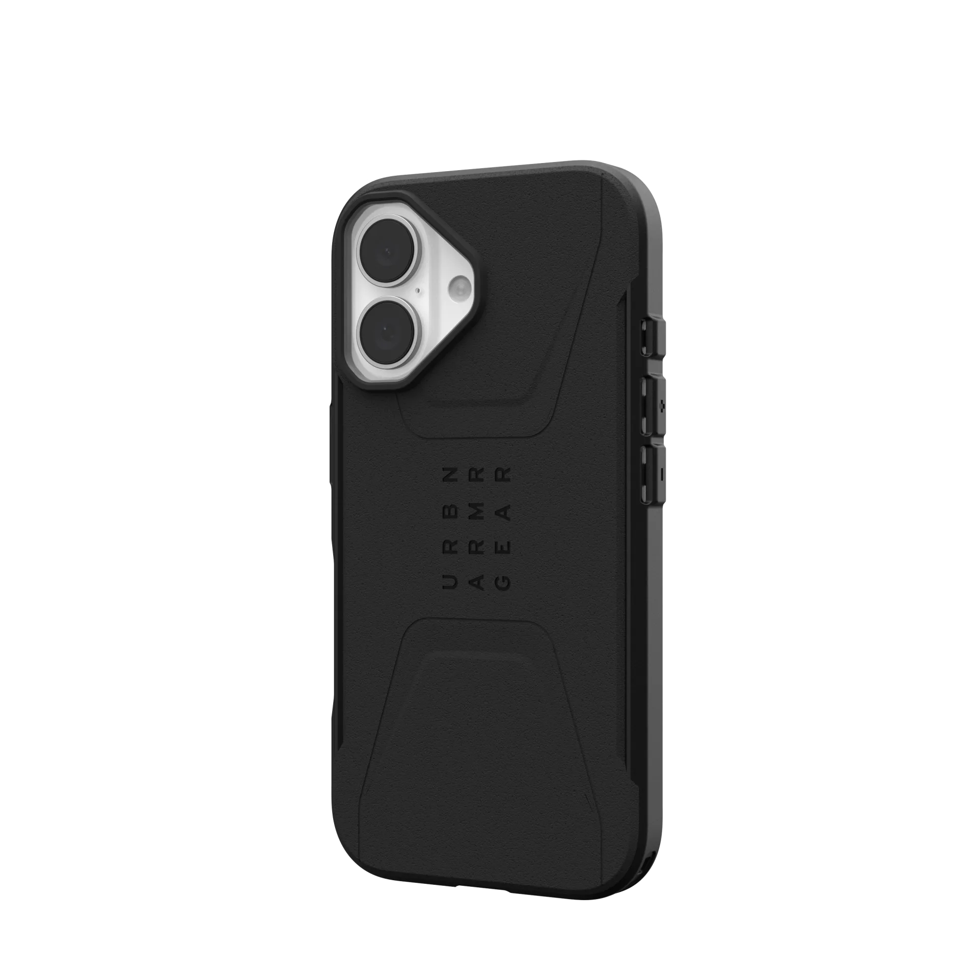 Schwarze iPhone-Hülle mit zwei Kameralinsen und Markenschriftzug auf der Rückseite.