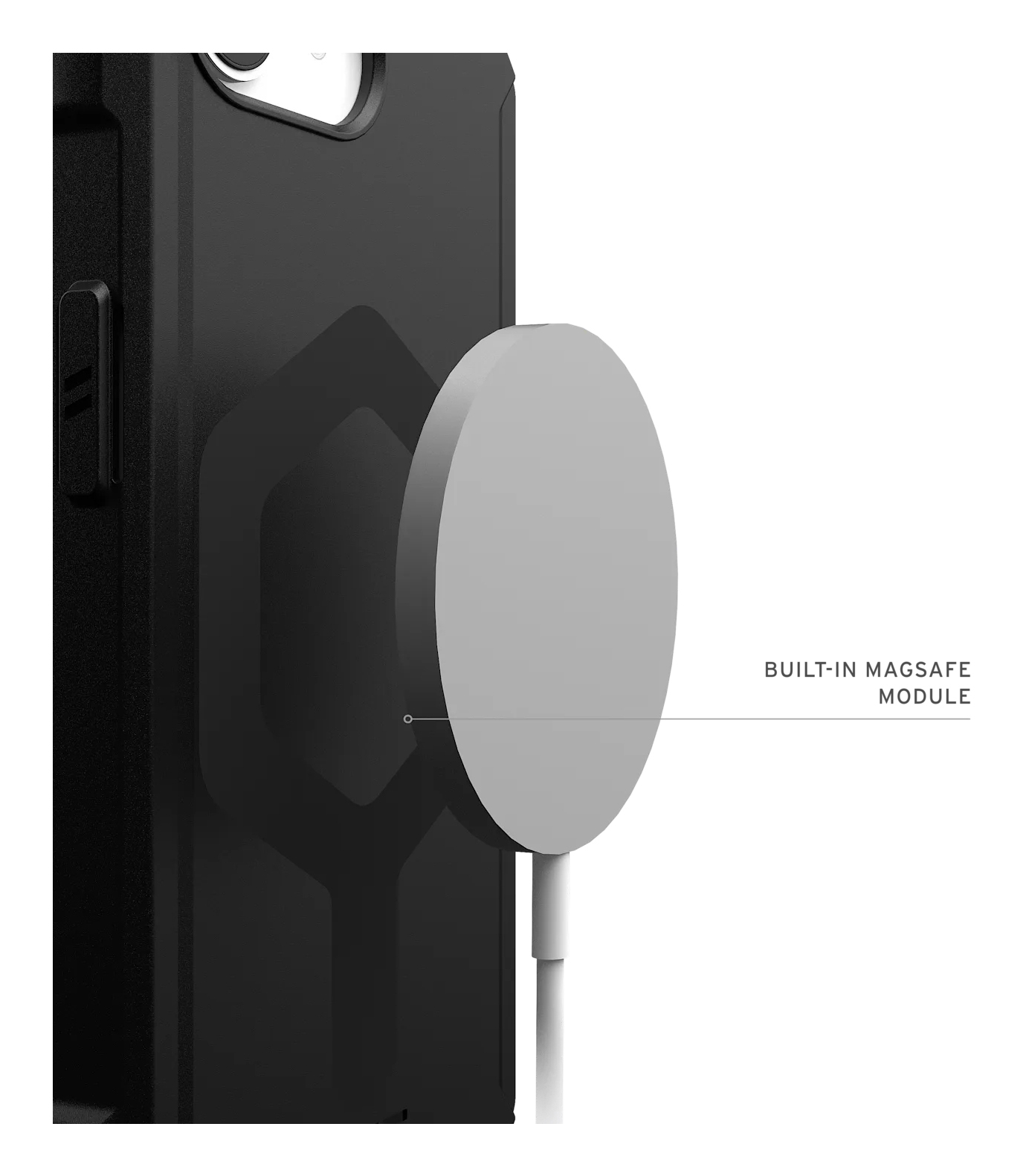 Czarne etui na telefon z wbudowanym modułem MagSafe i białym kablem.