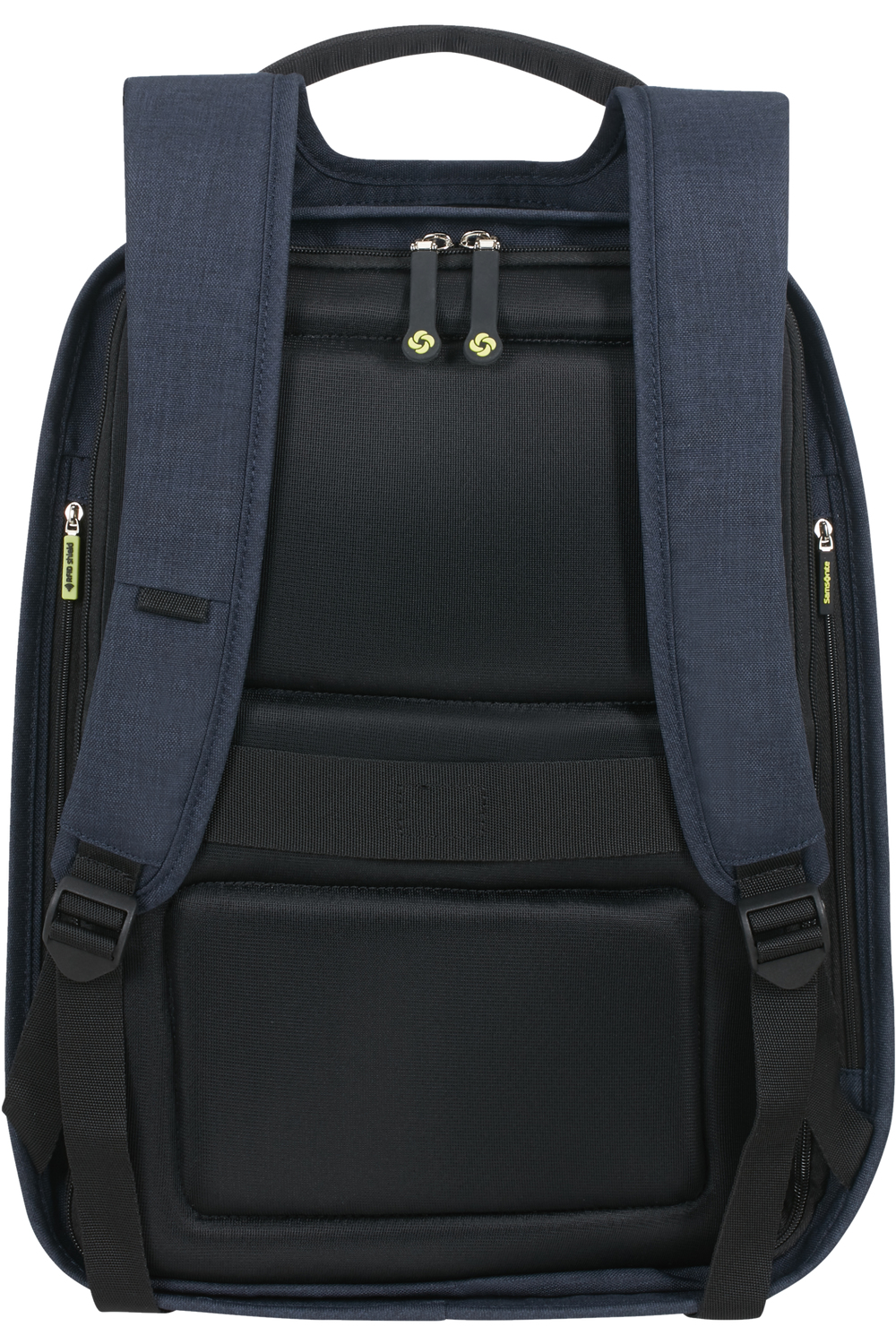 Rückansicht eines dunkelblauen Rucksacks mit gepolsterten Trägern und Reißverschlüssen.