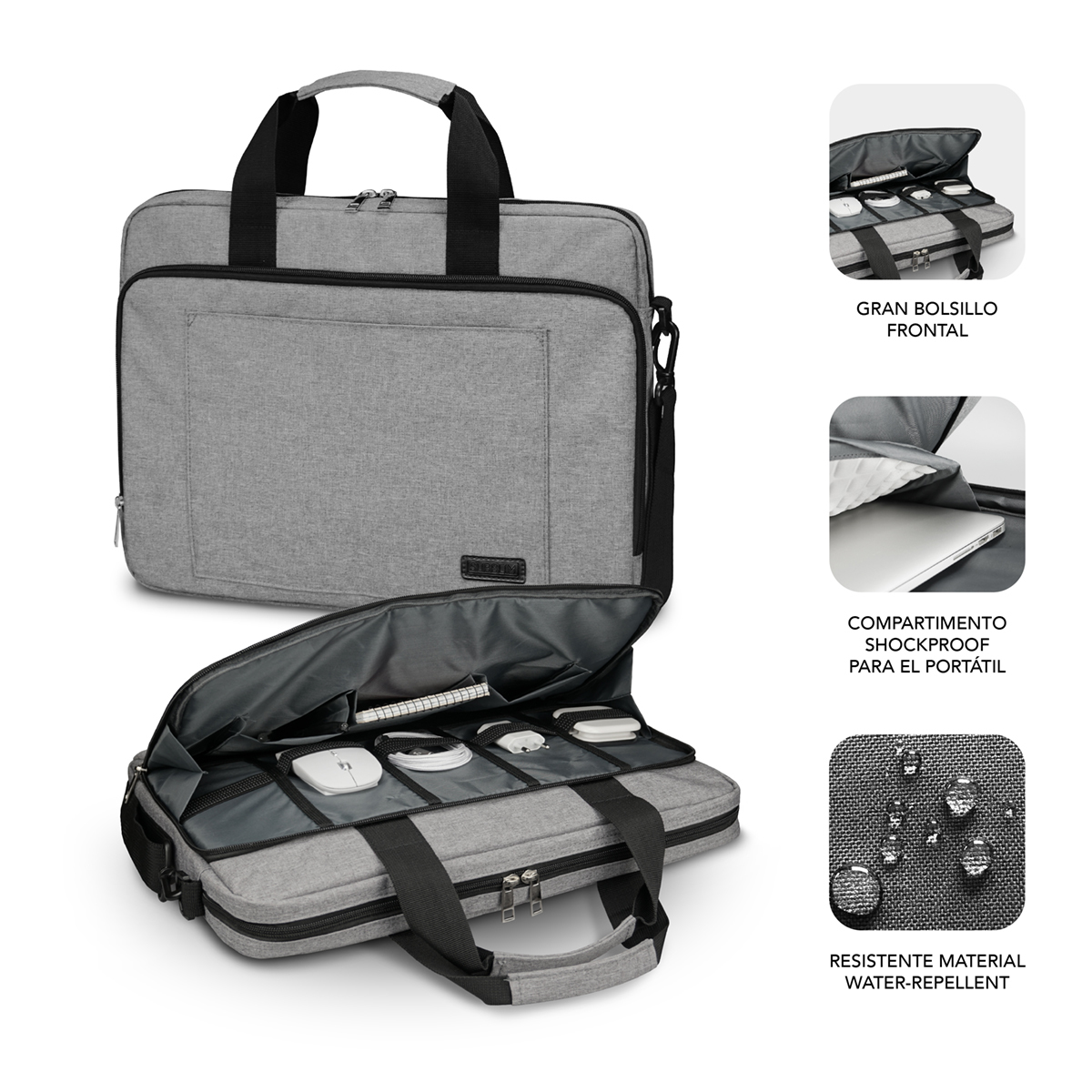Borsa grigia per laptop, aperta mostra scomparti organizzati con accessori tecnologici e gocce d'acqua sul tessuto.