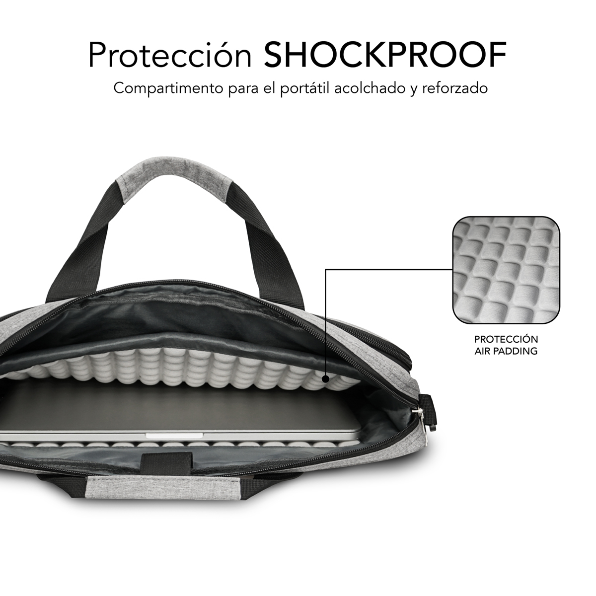 Borsa aperta grigia per laptop con interno imbottito e laptop all'interno. Dettaglio imbottitura ad aria.
