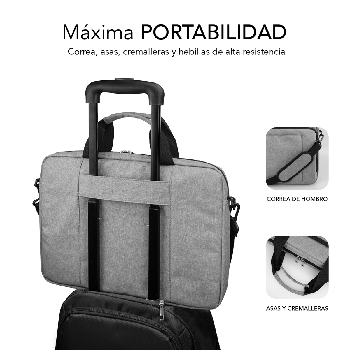 Borsa porta PC grigia su zaino nero, con manico telescopico.