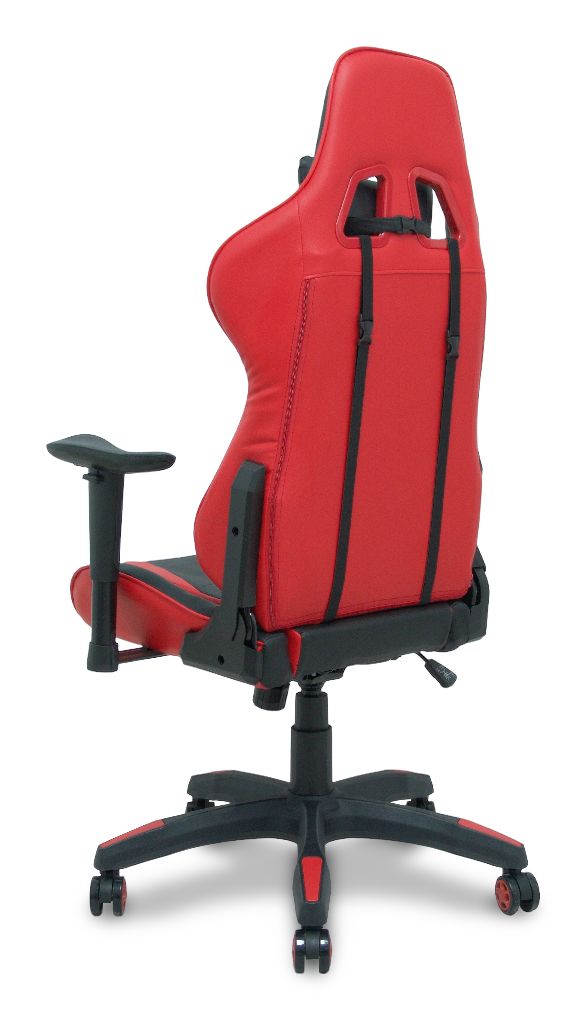 Roter Gaming-Stuhl mit schwarzem Gestell und Rollen, von hinten gezeigt.