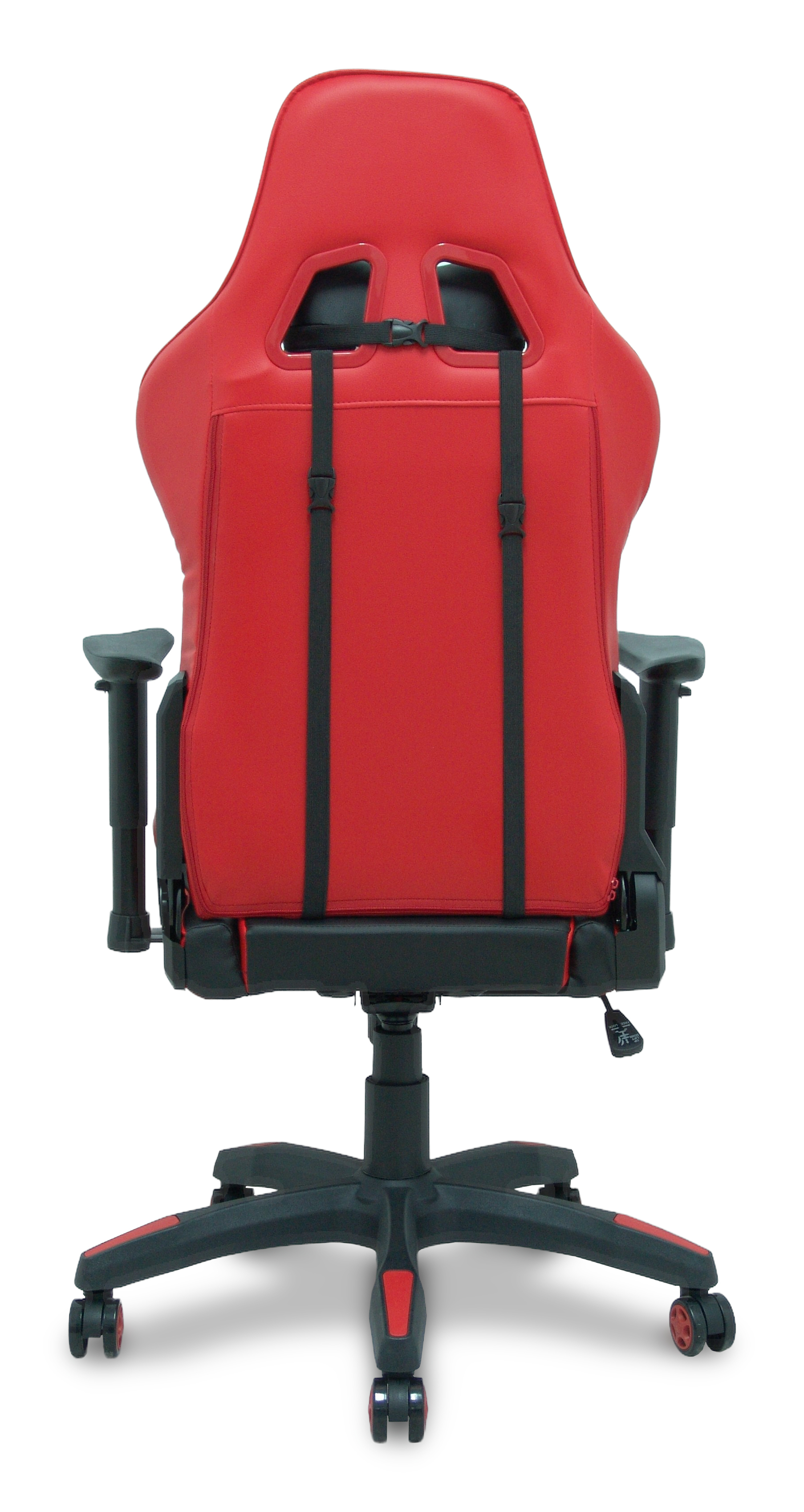 Roter Gaming-Stuhl von hinten mit schwarzen Gurten und Rädern.