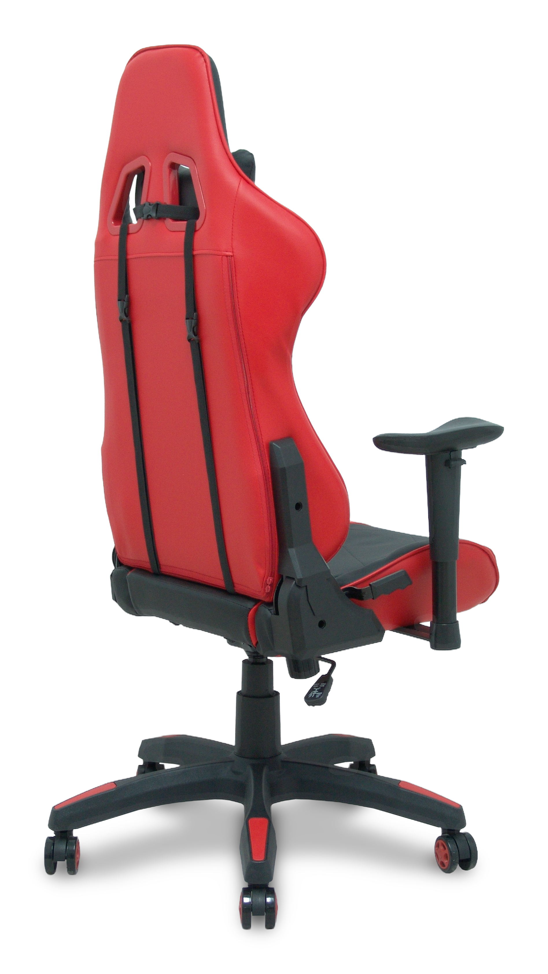 Ein roter Gaming-Stuhl mit schwarzen Akzenten, von der Seite gesehen, mit Rollen.