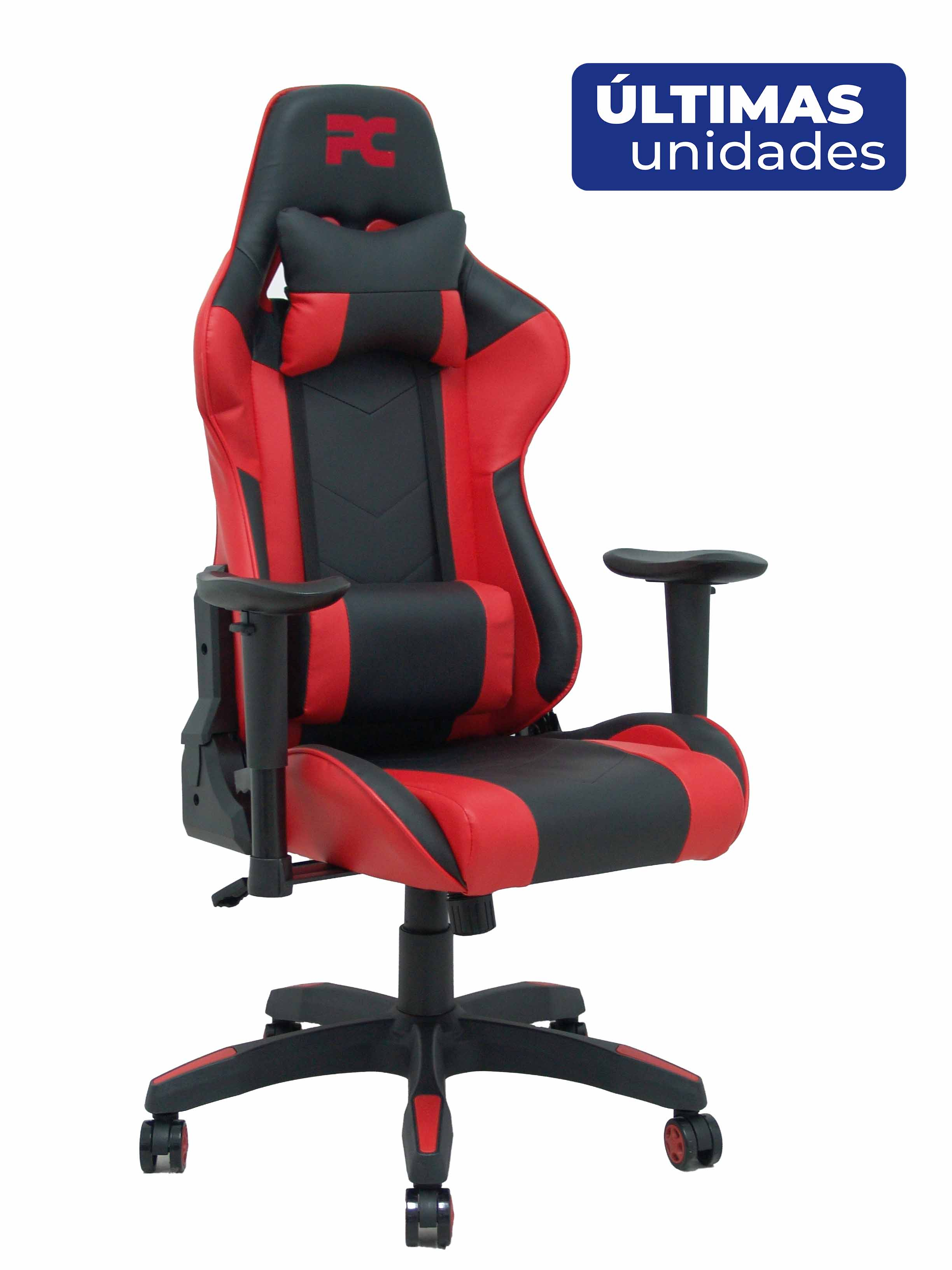 Ein roter und schwarzer Gaming-Stuhl mit Kopfstütze und Lendenkissen.