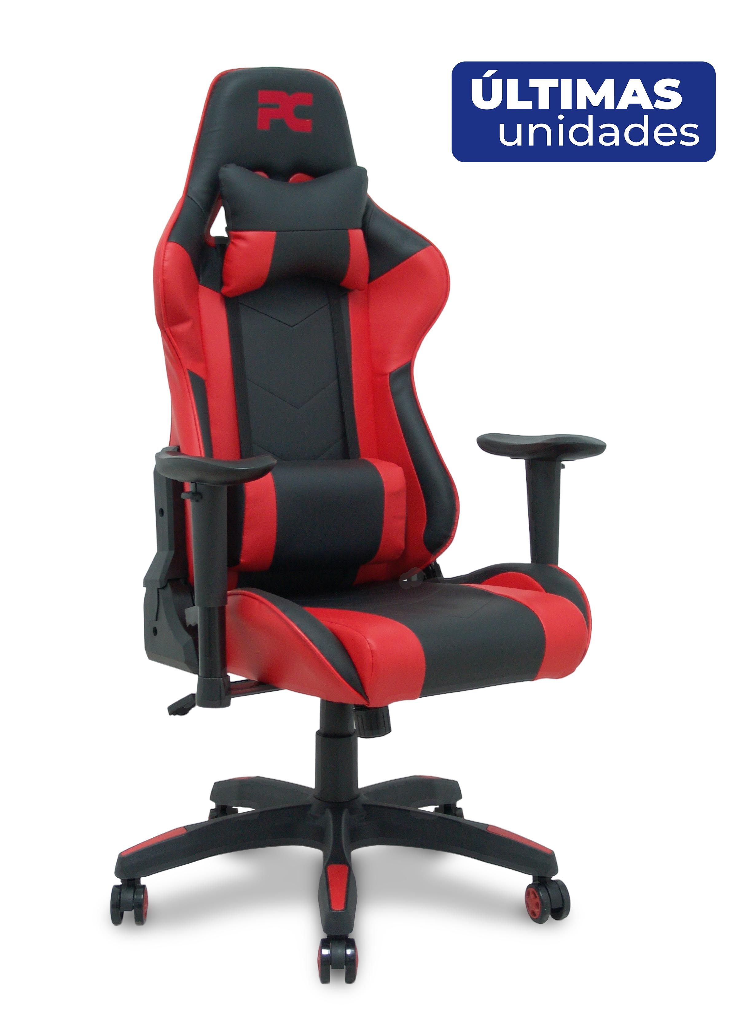 Ein roter und schwarzer Gaming-Stuhl mit Rädern und Kopfkissen.