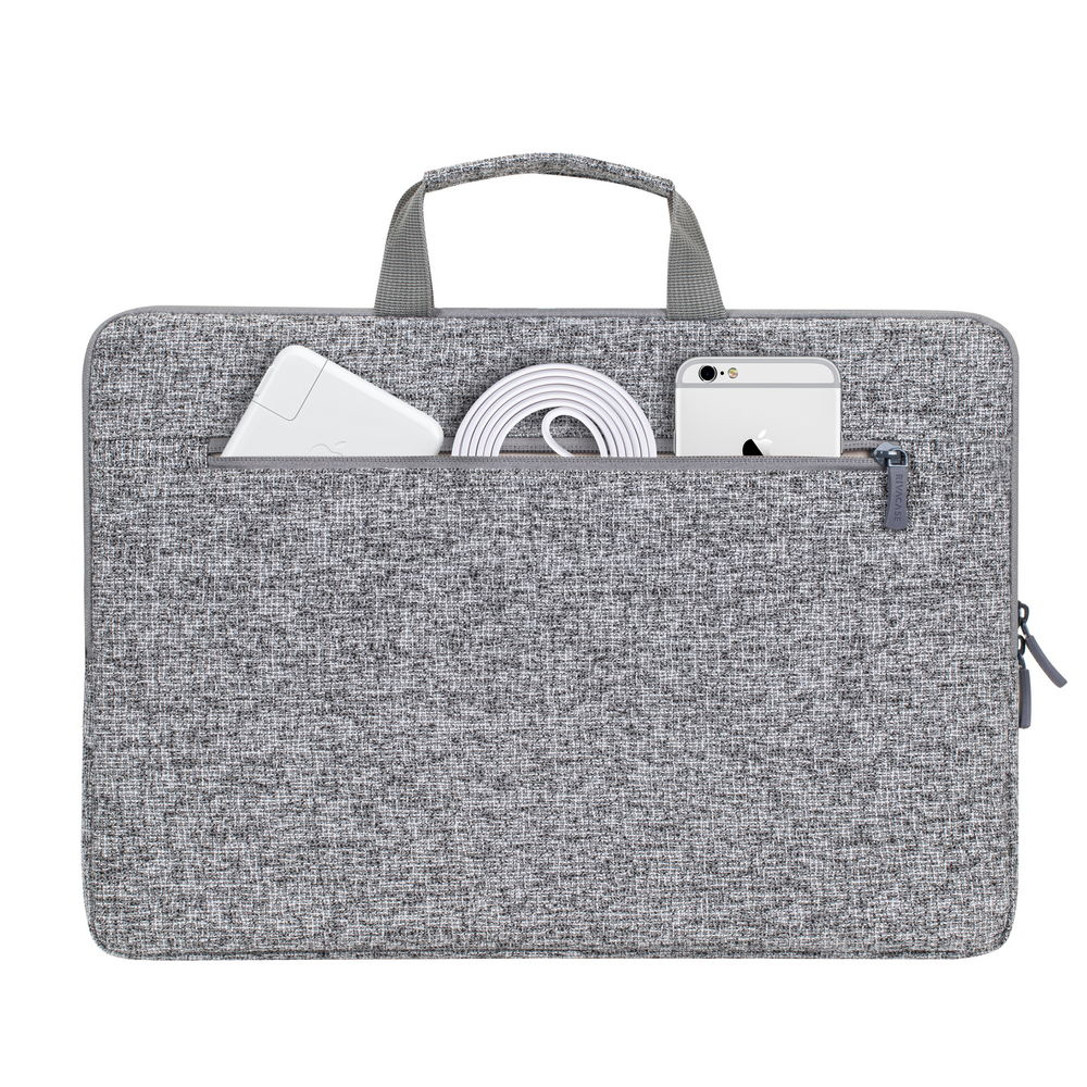 Borsa grigia per laptop con cavo di ricarica bianco e smartphone.