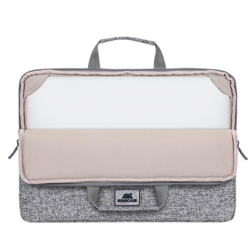 Custodia aperta per laptop grigia con interno beige e manici. Logo RIVACASE sul davanti.
