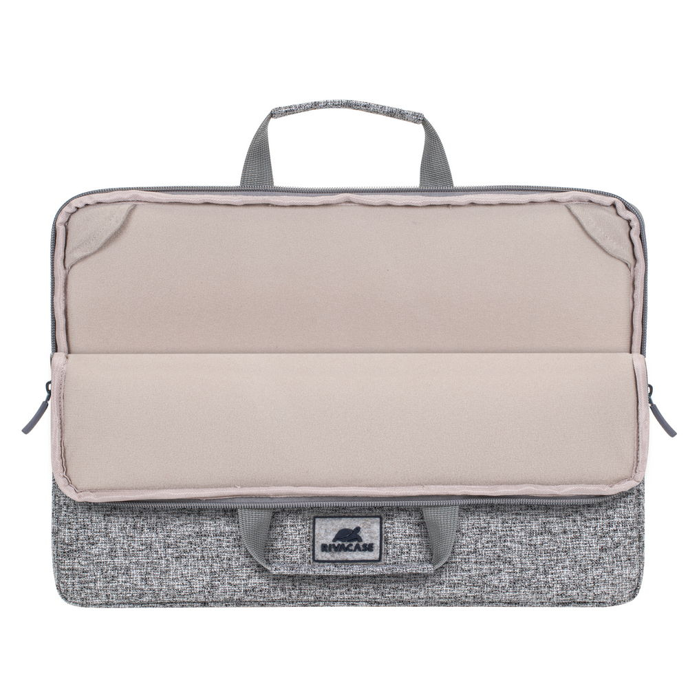 Borsa grigia per laptop con manici, zip e logo RIVACASE. Aperta, interno imbottito.