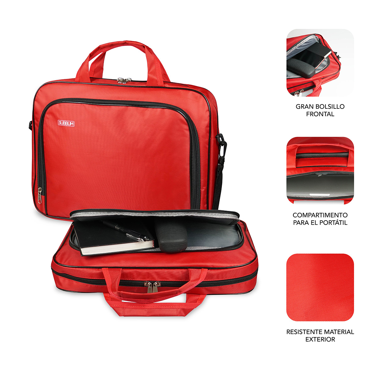 Borsa rossa per laptop con scomparti e manici, aperta mostra contenuto.