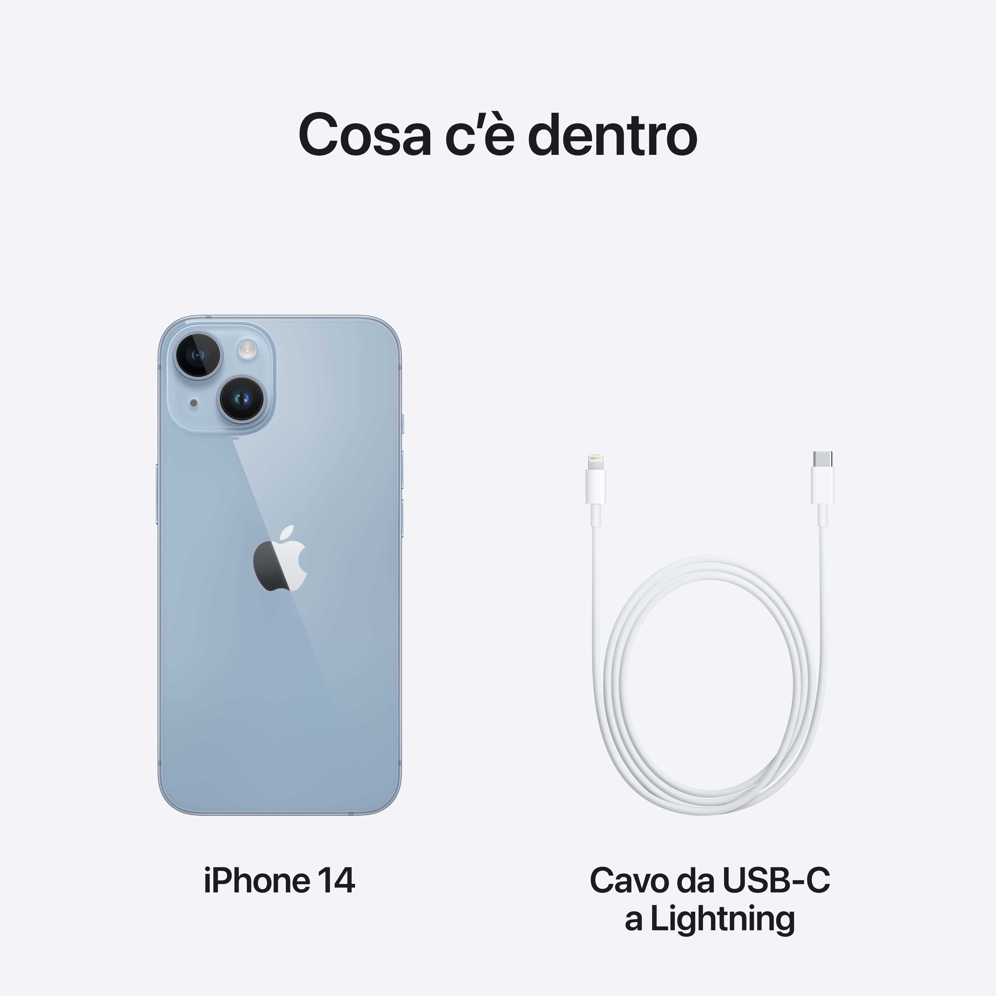 Jasnoniebieski iPhone 14 i biały kabel USB-C do Lightning.