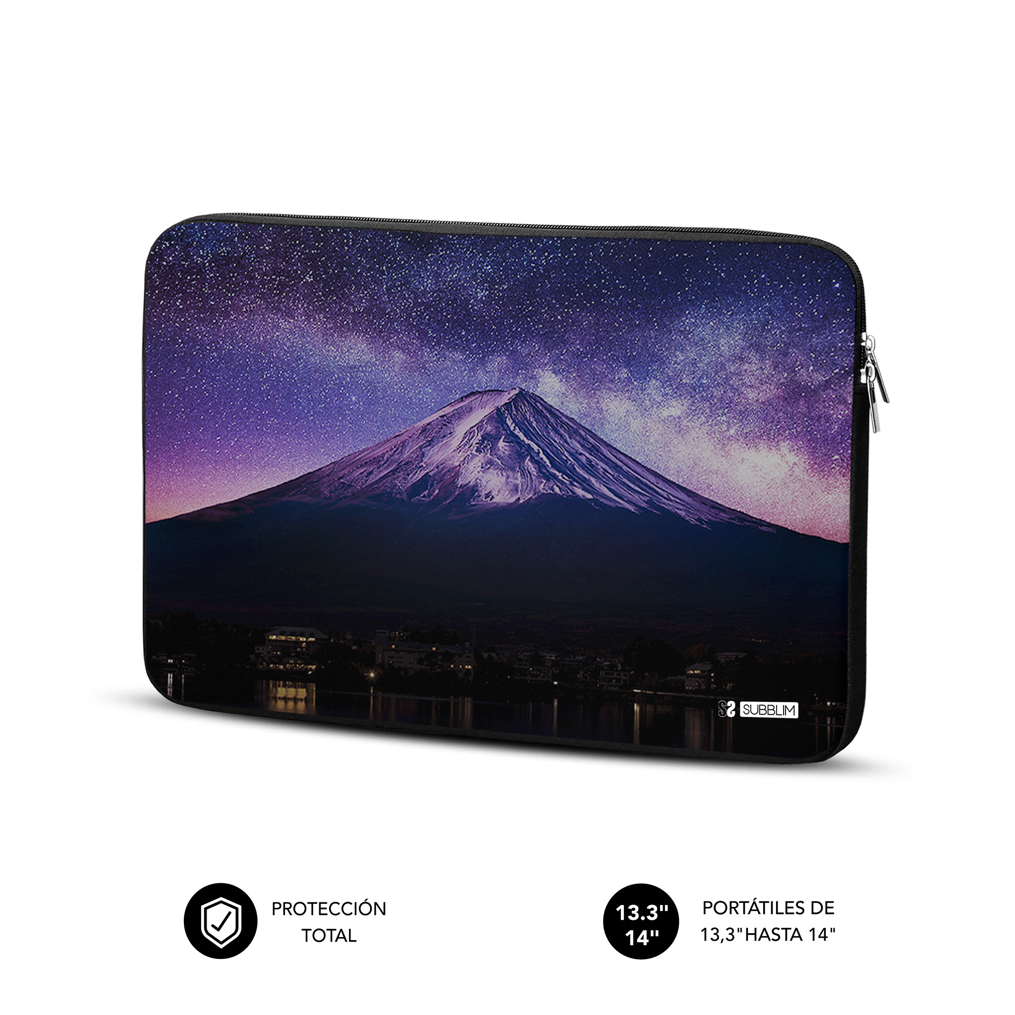 Funda de portátil con el monte Fuji de noche bajo un cielo estrellado.