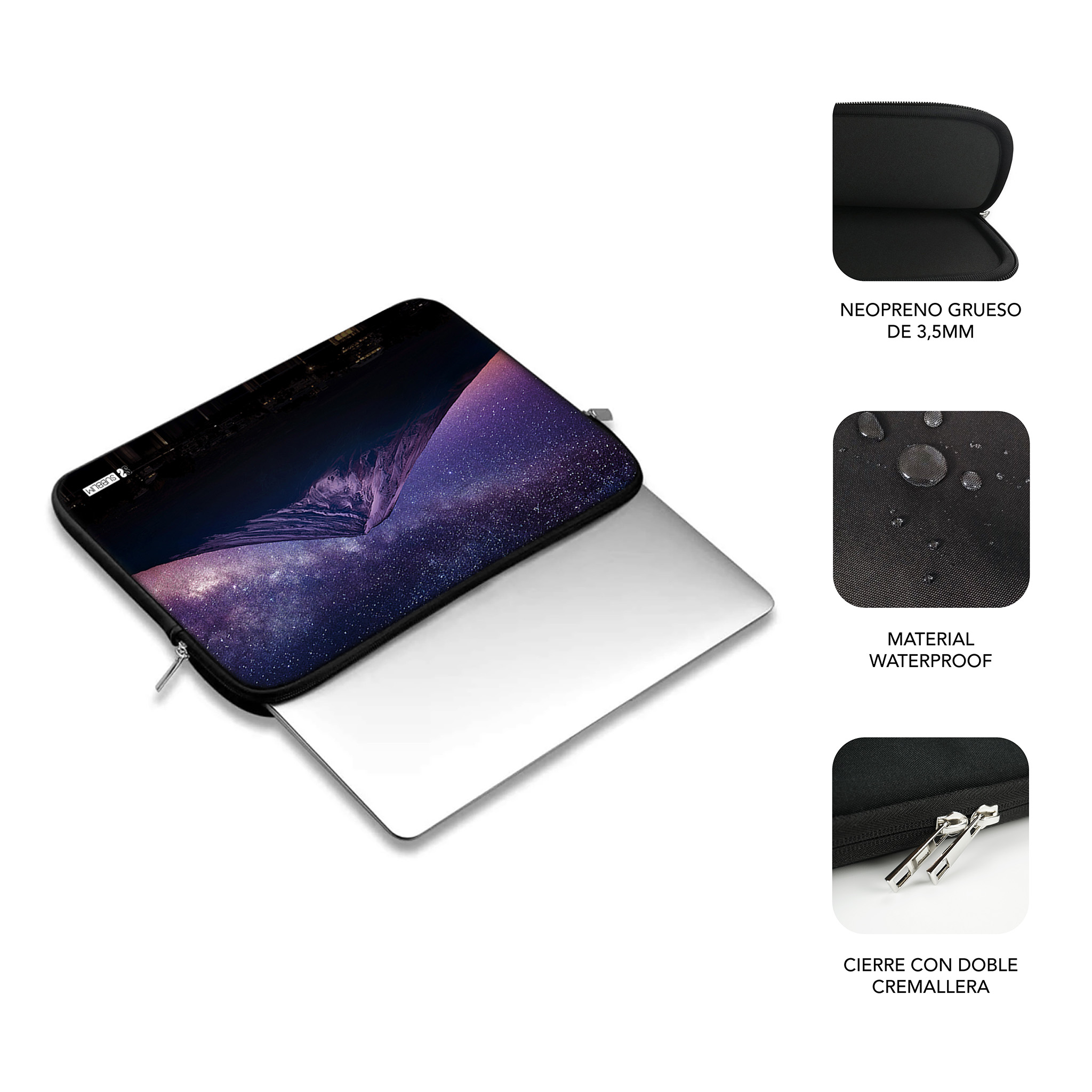 Un portátil en una funda de noche estrellada. Muestra neopreno, material impermeable, cremallera.