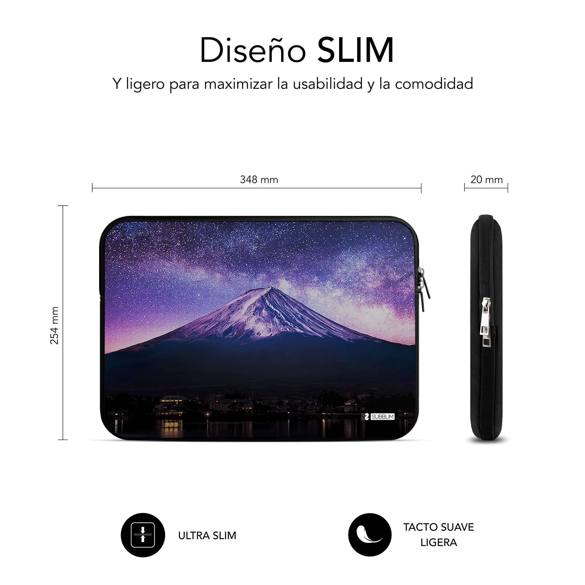 Funda delgada para portátil con diseño de cielo estrellado y montaña. Dimensiones: 348x254x20mm.