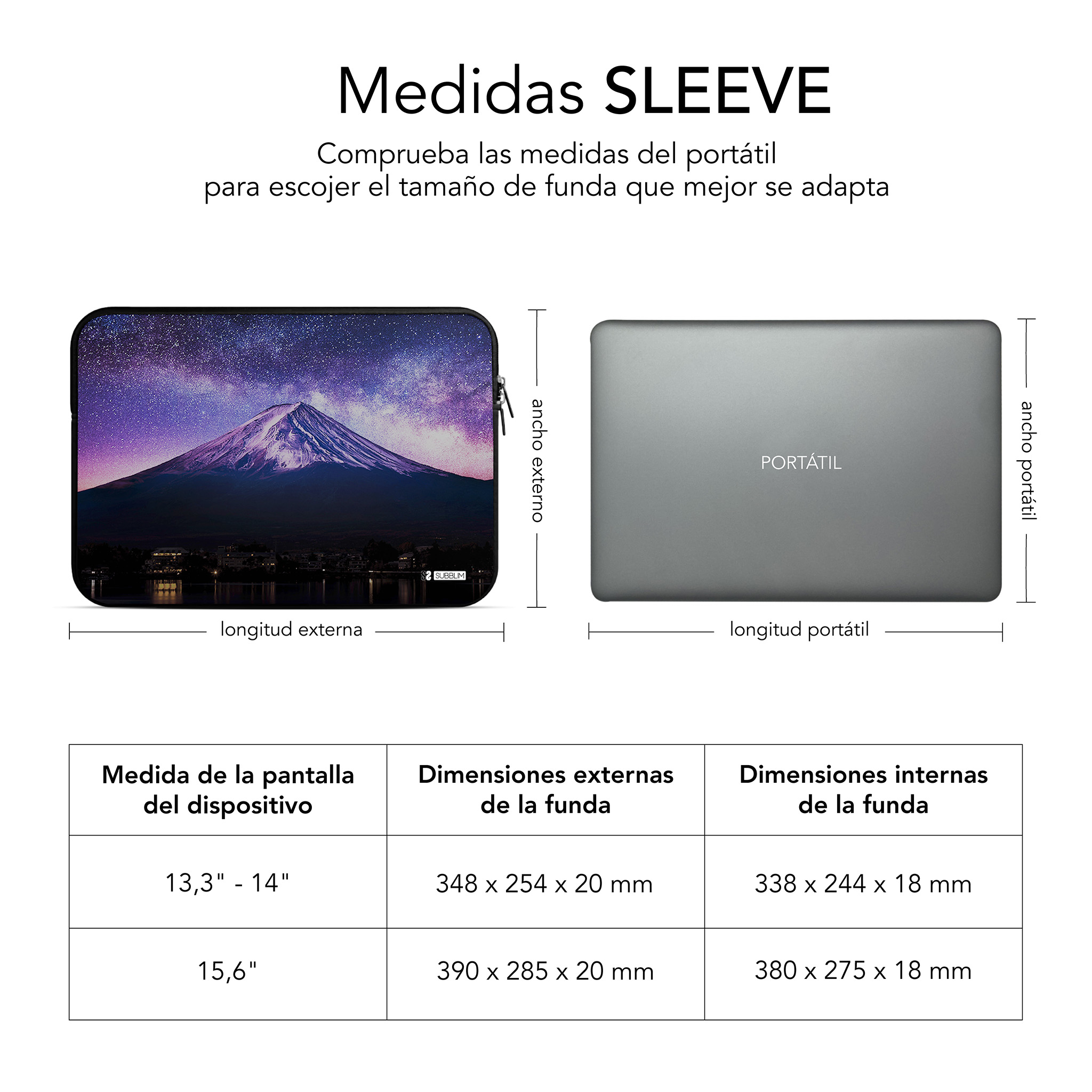Gráfico que muestra dimensiones de funda para portátil y tabla para 13,3-15,6 pulg.