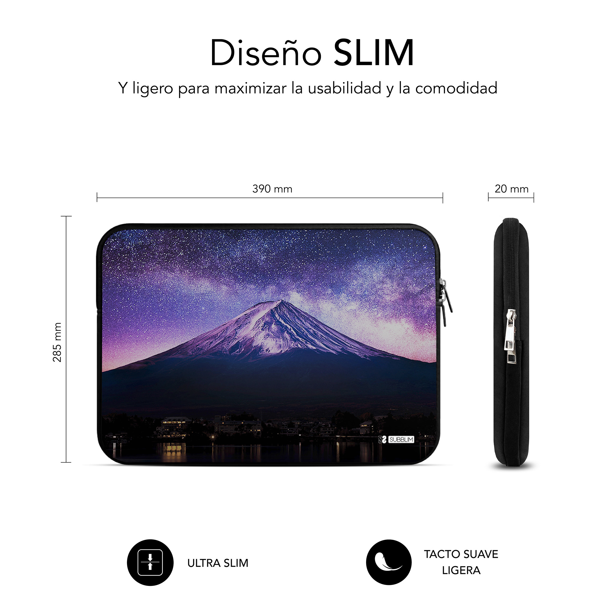 Una funda de portátil con un cielo estrellado sobre una montaña y ciudad.