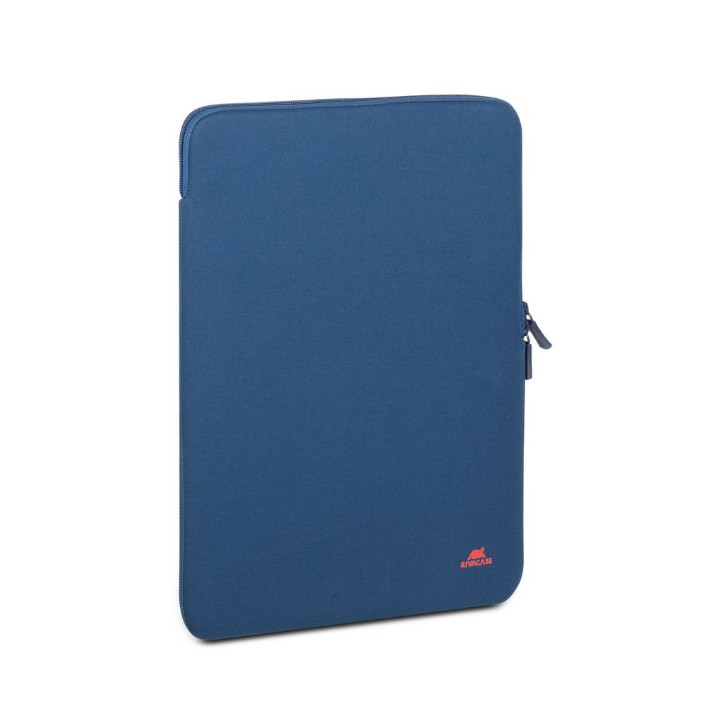 Una custodia blu scuro per laptop con cerniera e un piccolo logo.