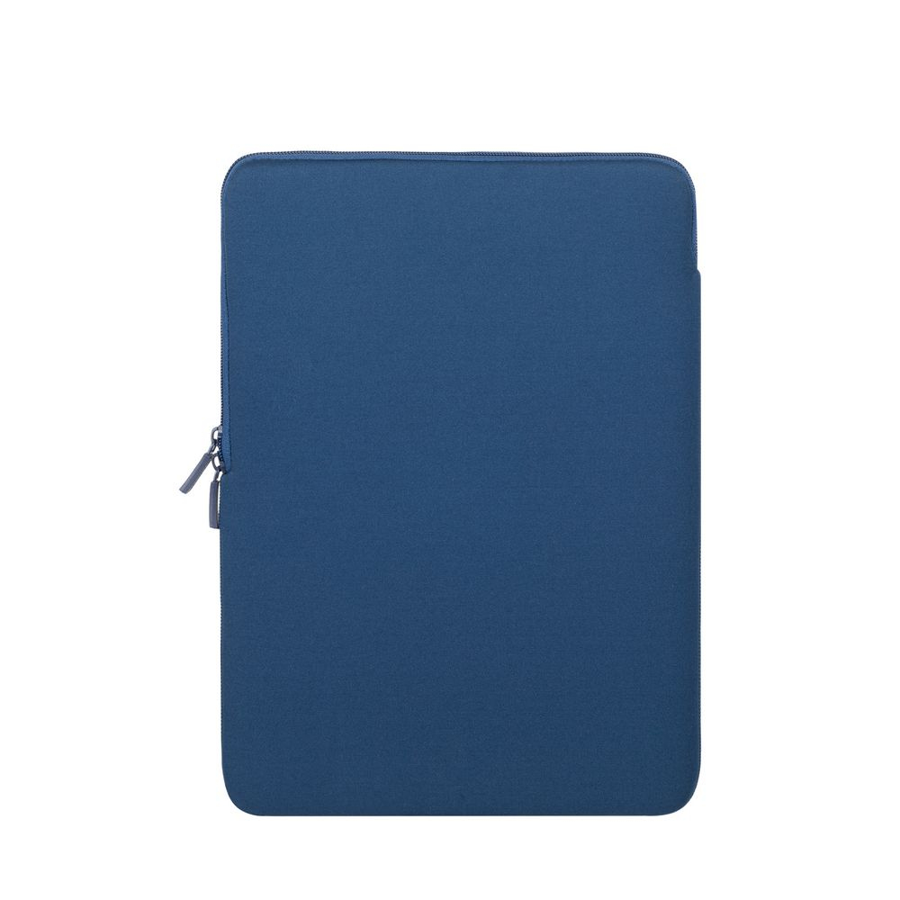 Una custodia blu scuro per laptop con cerniera sul lato sinistro.